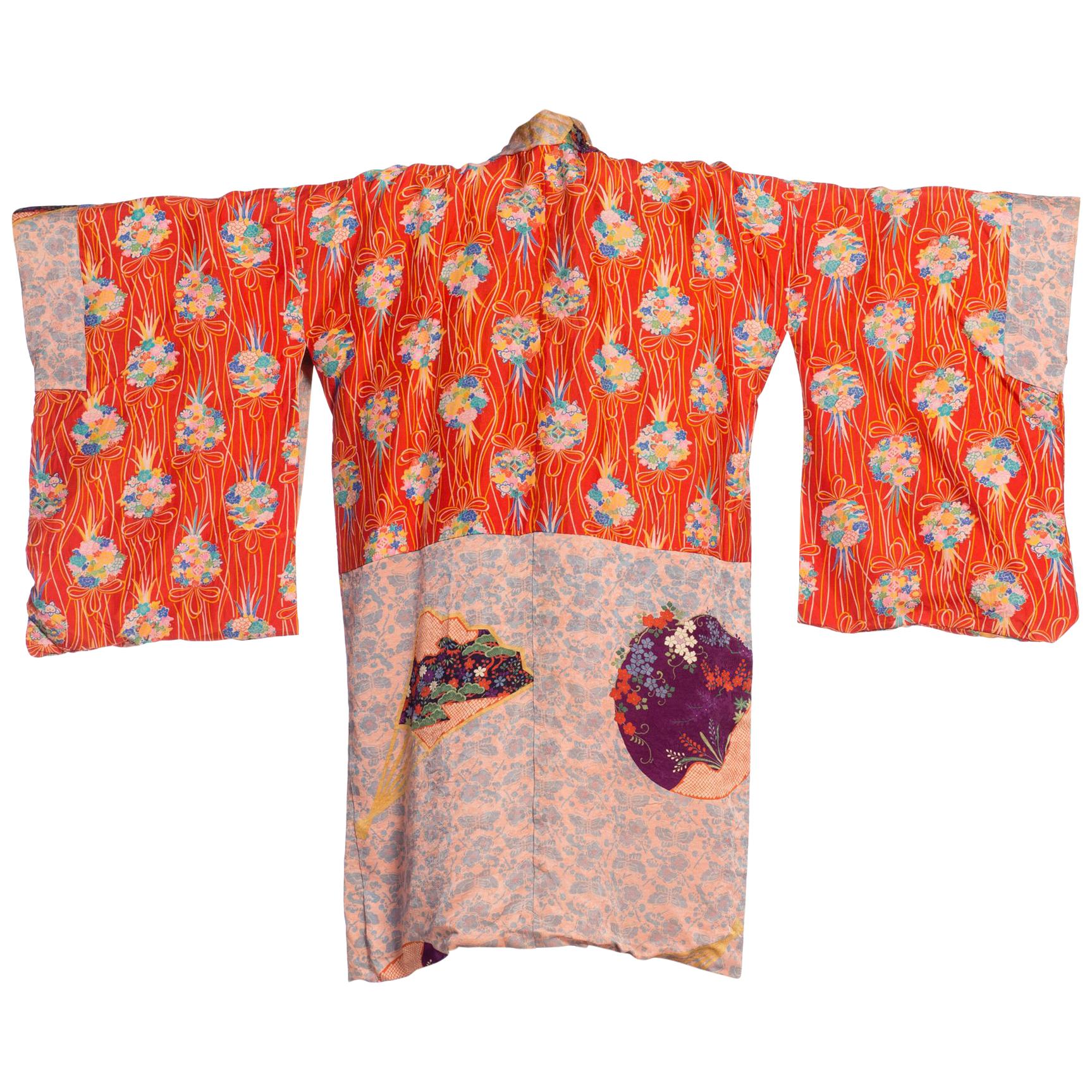 1930S Purple & Blue Silk Kimono Printed With Butterflies Japanese Fans