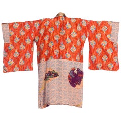 Vintage 1930S Purple & Blue Silk Kimono Printed With Butterflies Japanese Fans