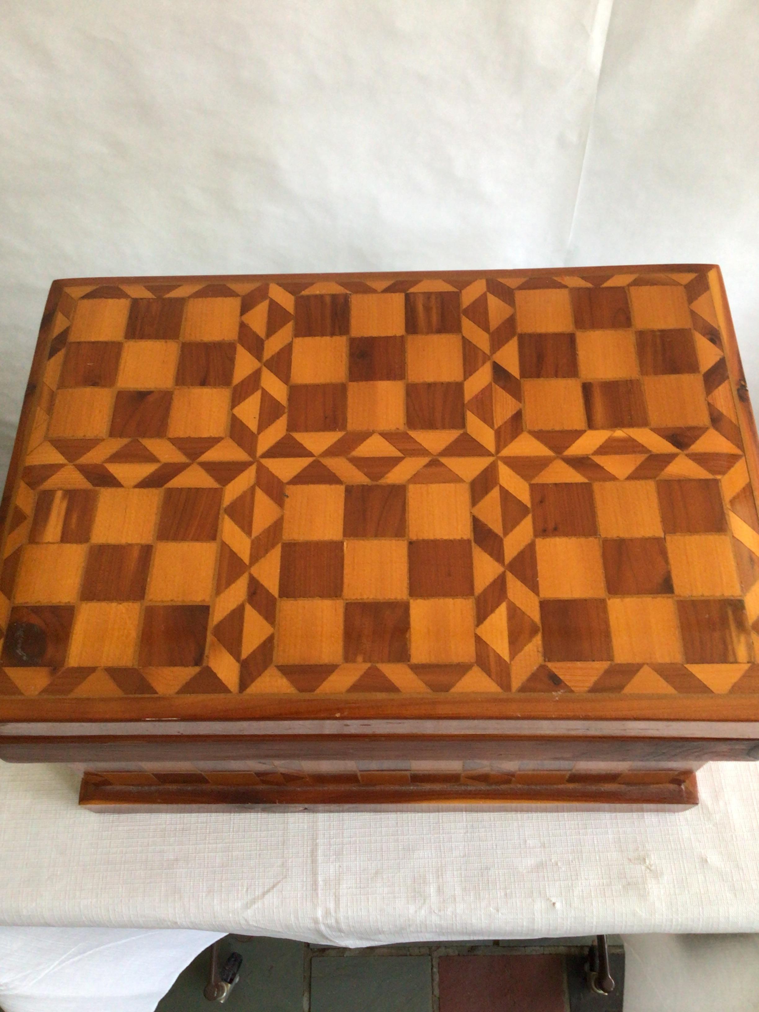 Wood 1940s Handmade Folk Art Checkered Inlayed Box For Sale