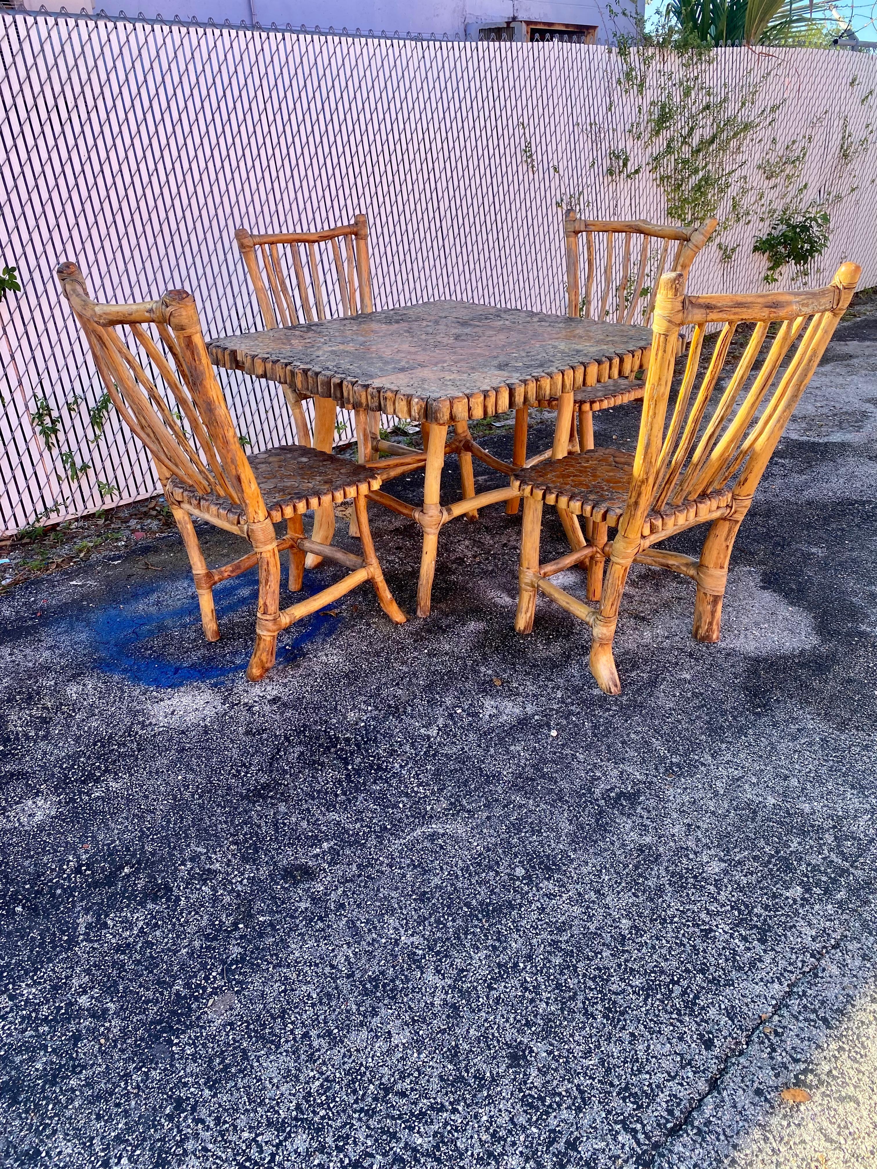1940s Handcrafted Rattan Sticks Sculptural Dining Set, Set of 5 In Good Condition For Sale In Fort Lauderdale, FL
