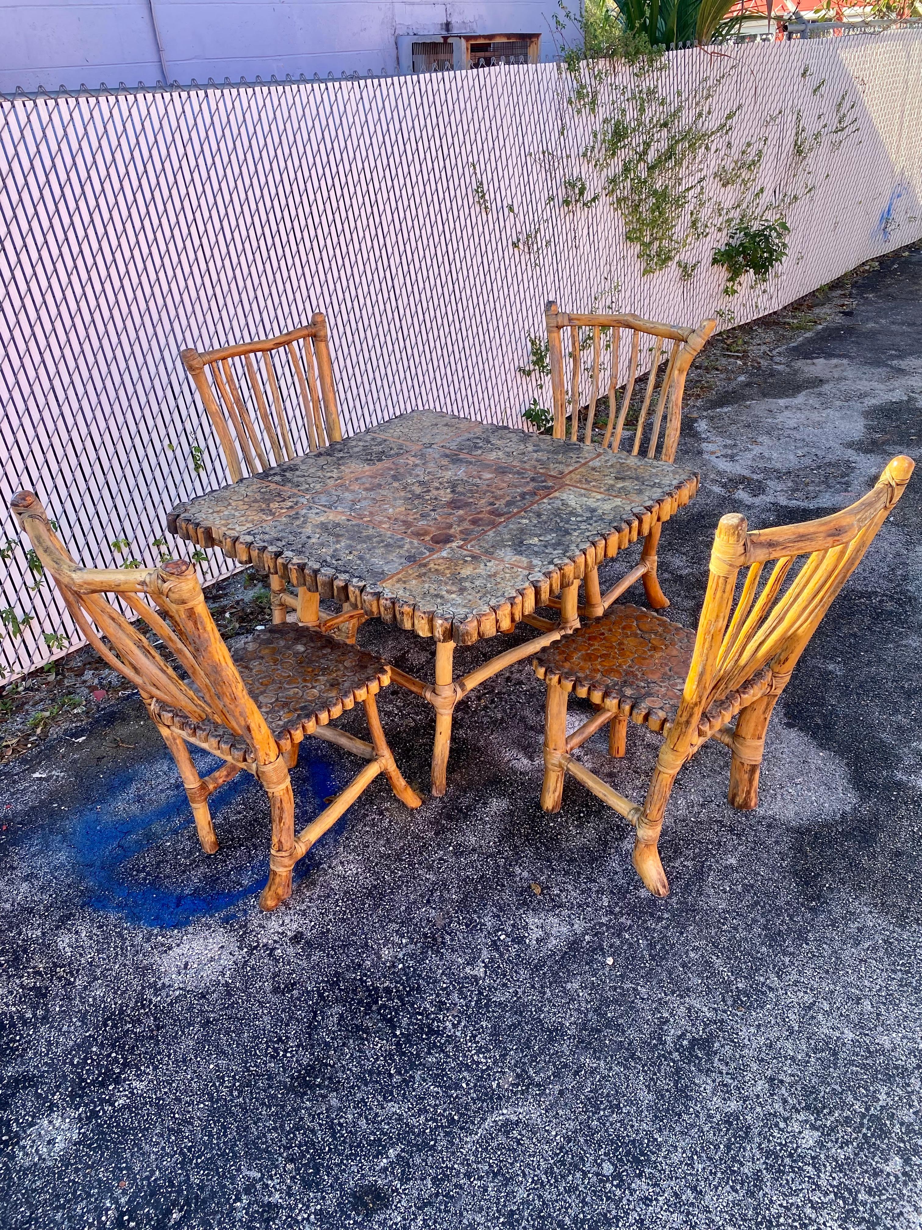 Mid-20th Century 1940s Handcrafted Rattan Sticks Sculptural Dining Set, Set of 5 For Sale