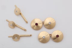 1940s Handsome Rubies with Diamonds High Polish Gold Cufflinks Set with Studs