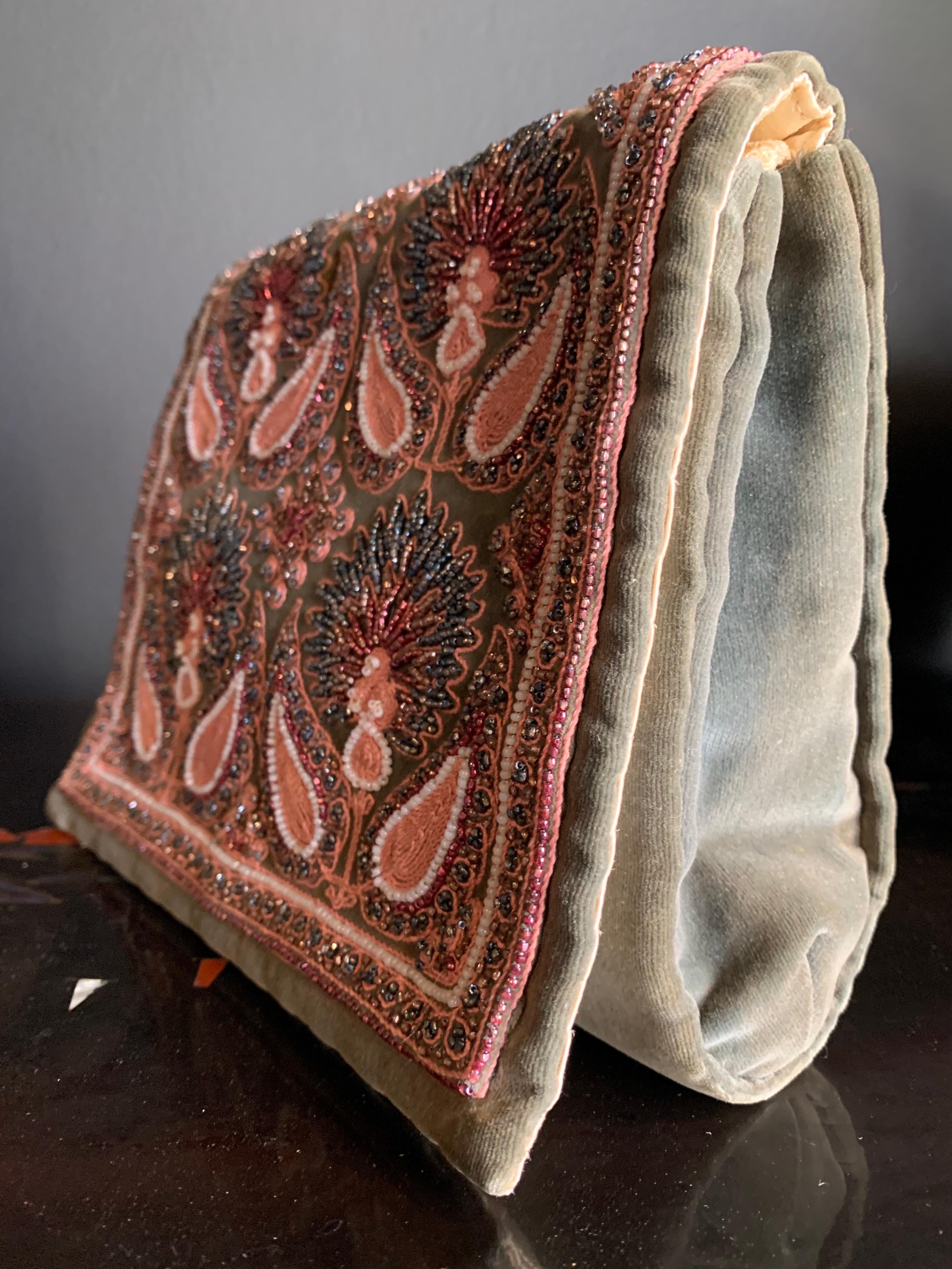 Brown 1940s Harry Rosenfeld Sage Velvet Envelope Clutch W/ Beaded & Embroidered Flap For Sale