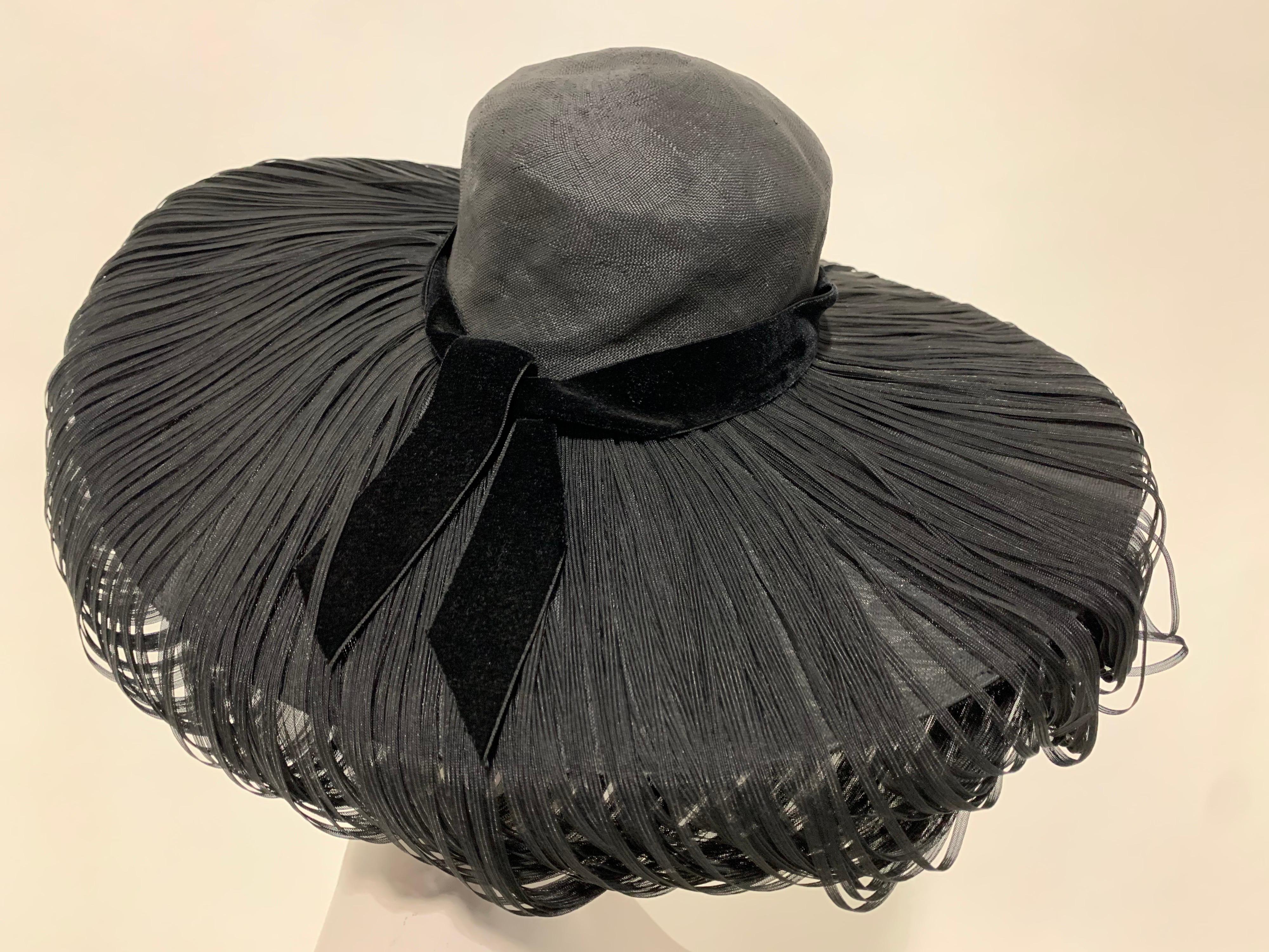 Women's 1940s Hattie Carnegie Fine Woven Black Straw Cartwheel Hat W/ Extravagant Loops