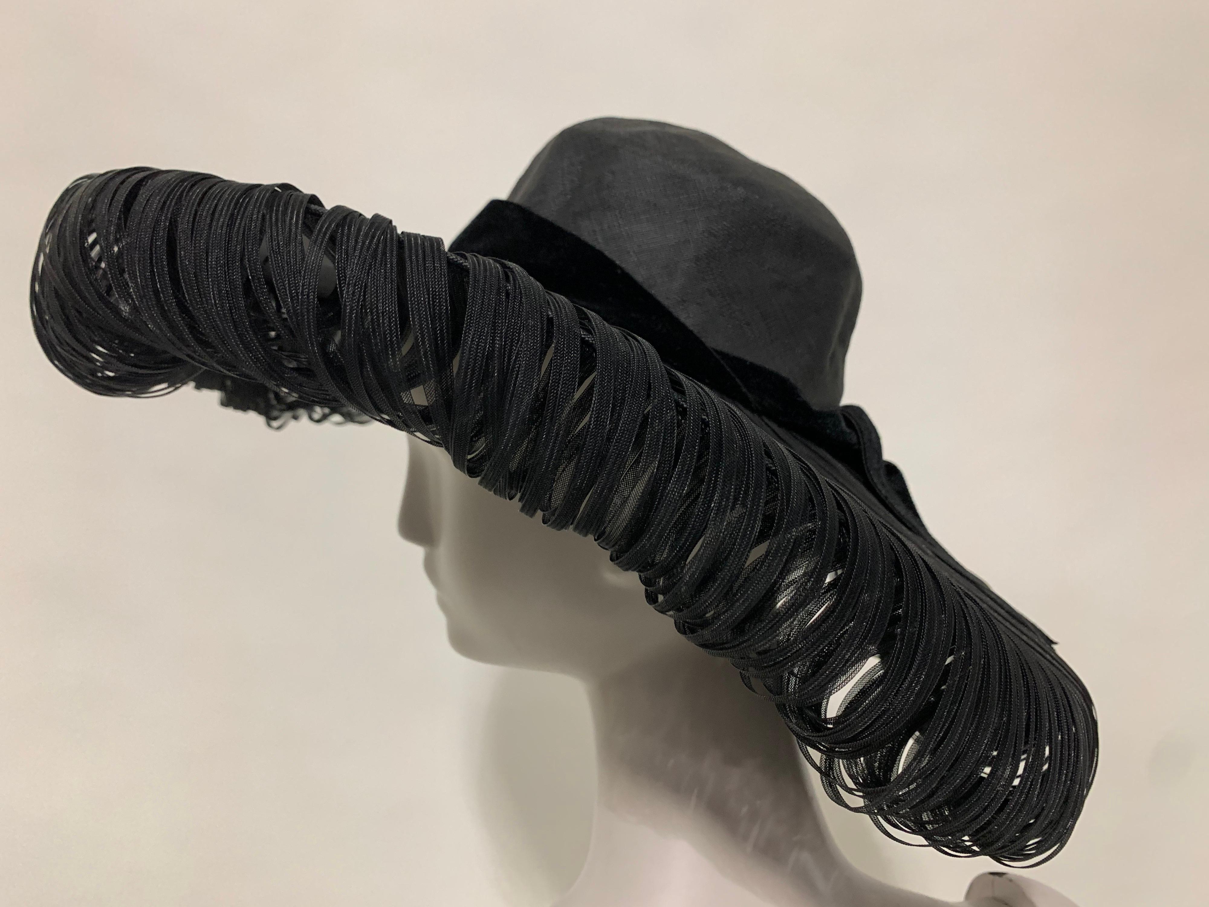 1940s Hattie Carnegie Fine Woven Black Straw Cartwheel Hat W/ Extravagant Loops 1