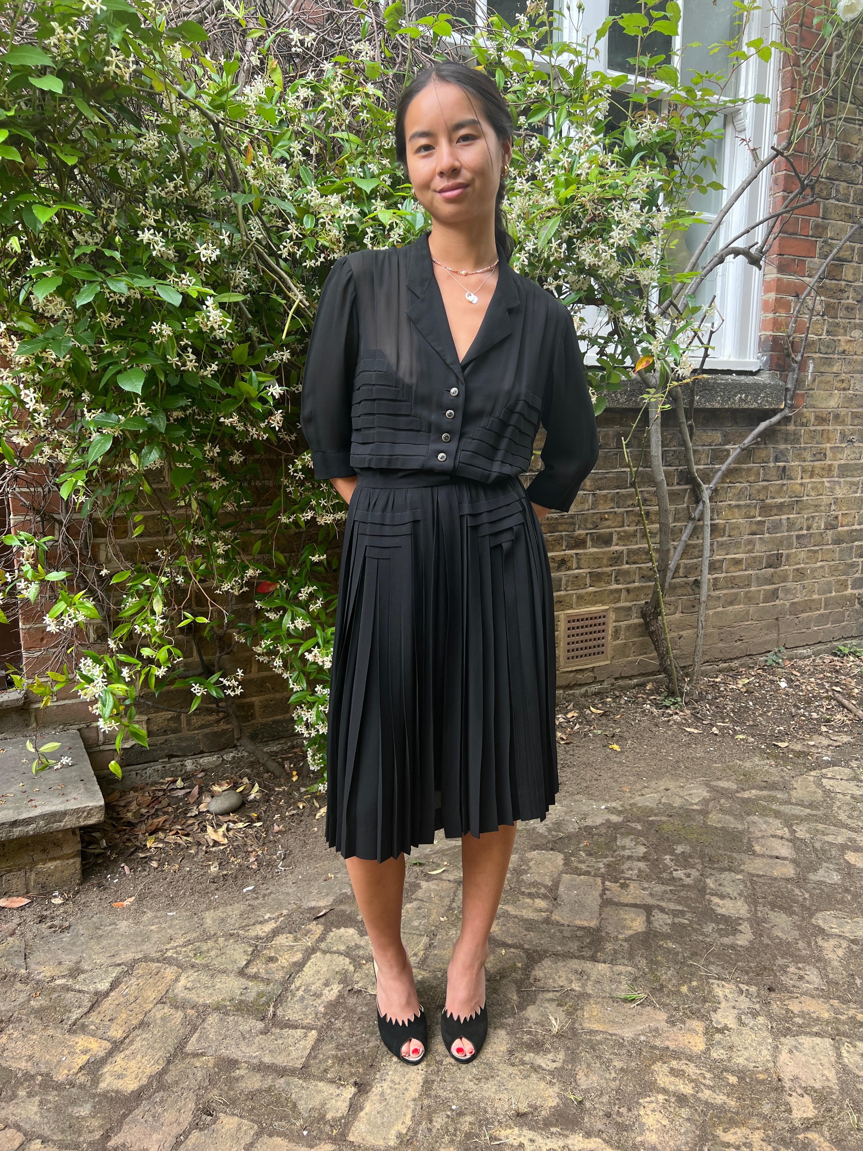 1940s Haute Couture Black Silk Dress For Sale 2