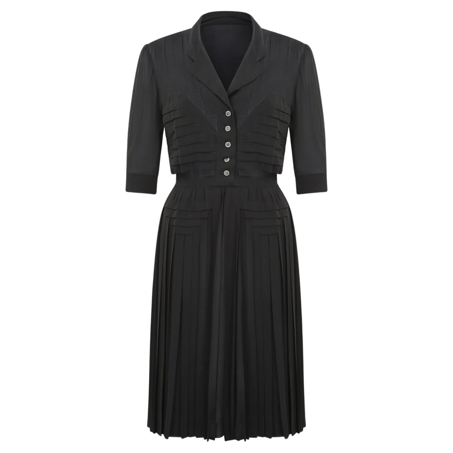 1940s Haute Couture Black Silk Dress For Sale
