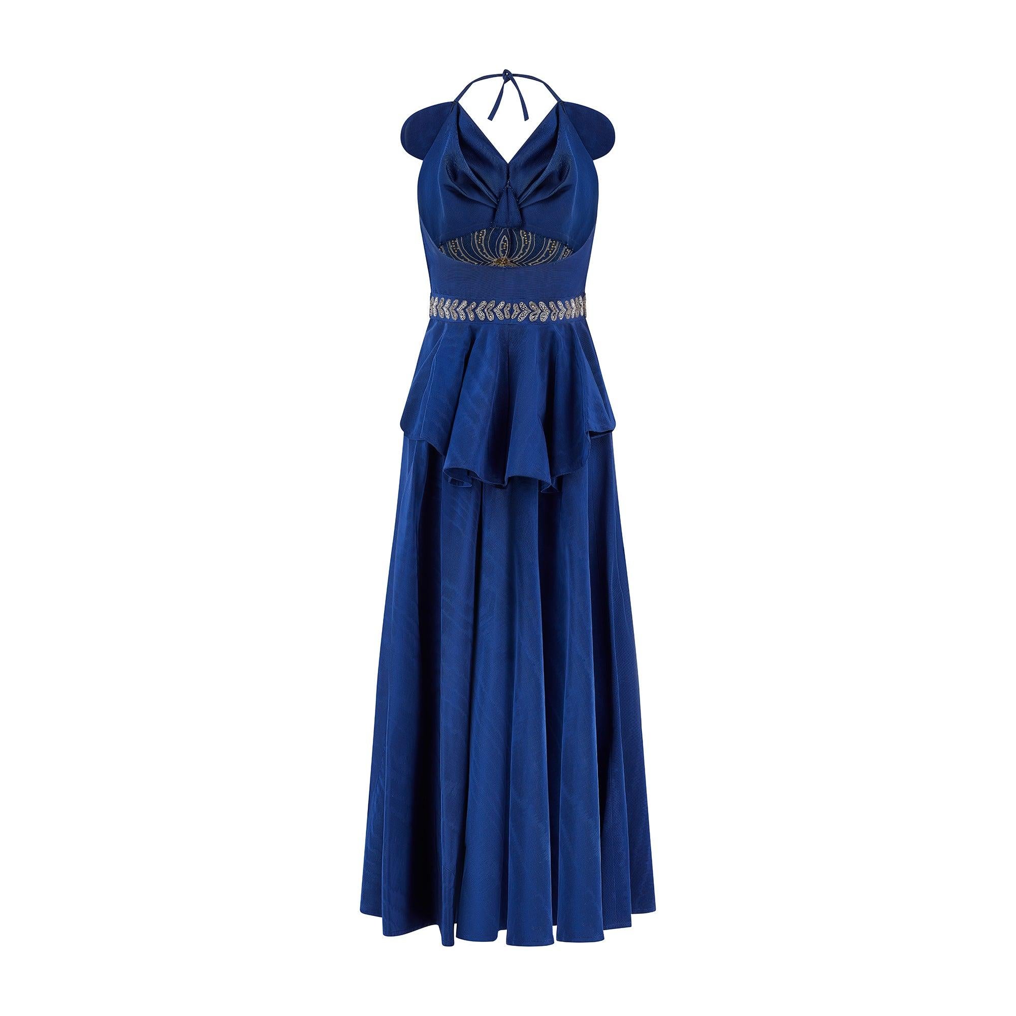Blu Maxi abito Haute Couture anni '40 in seta moiré blu con scollo ad aletta in vendita