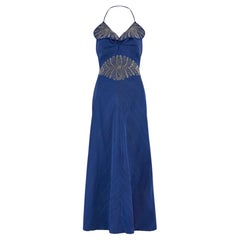 1940s Haute Couture Blue Moiré Silk Halter-Neck Maxi Gown