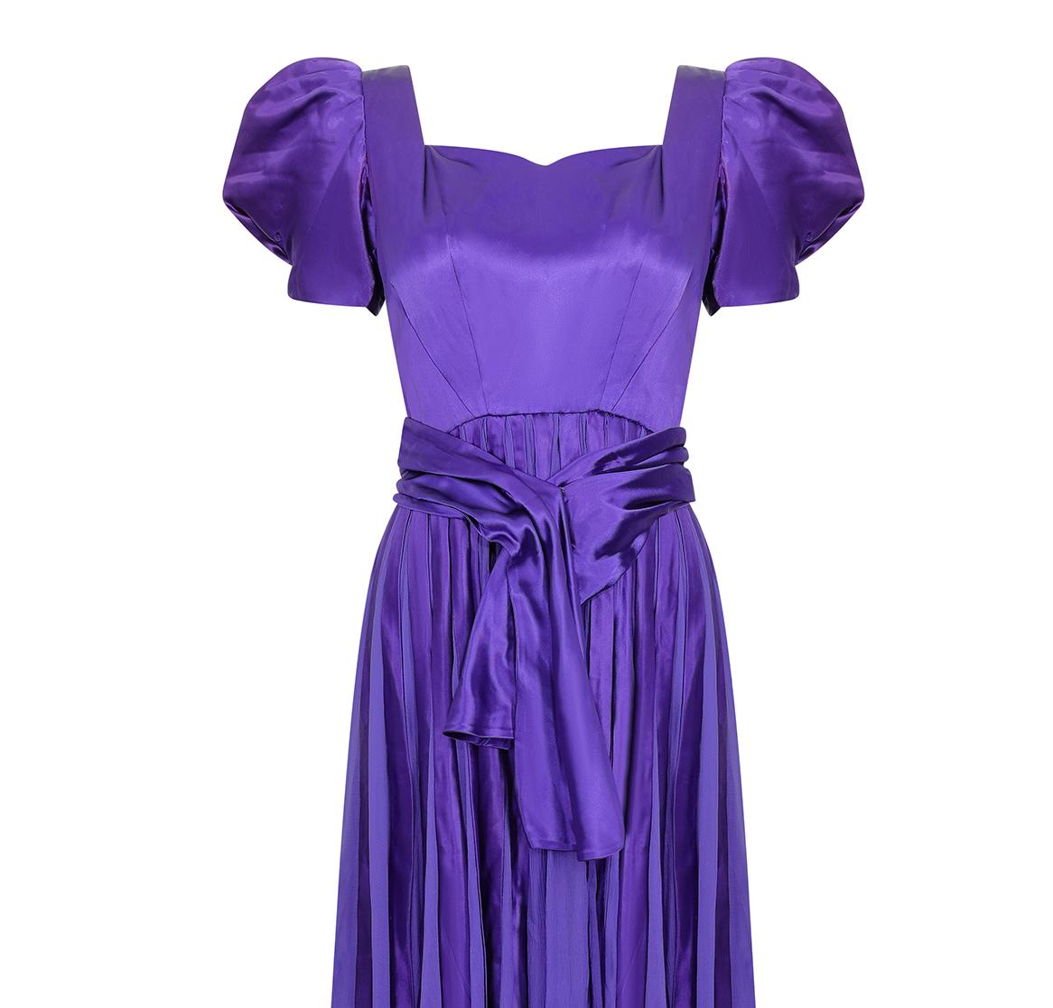 1940s Haute Couture Purple Satin Chiffon Dress For Sale 1
