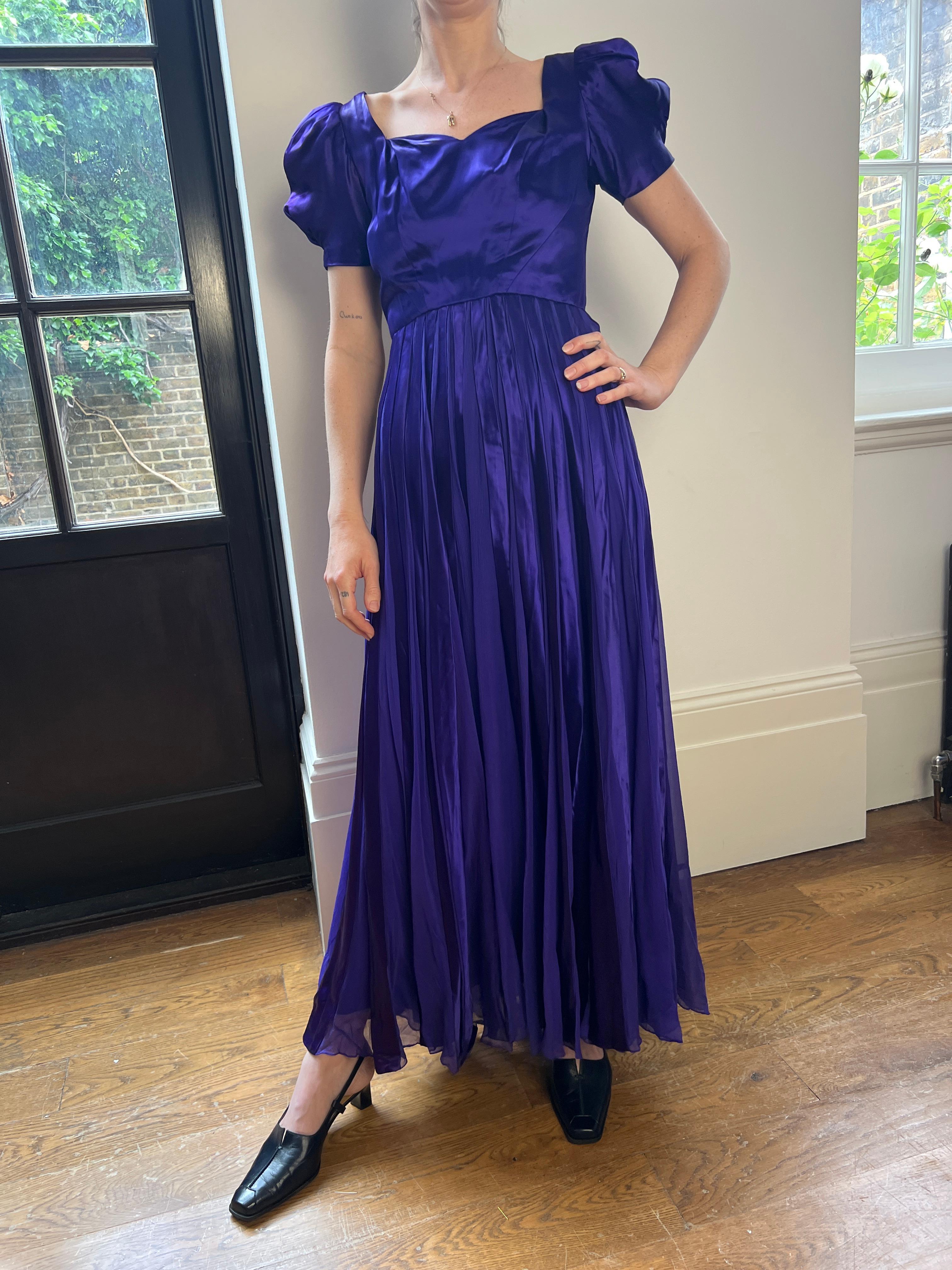 1940s Haute Couture Purple Satin Chiffon Dress For Sale 3