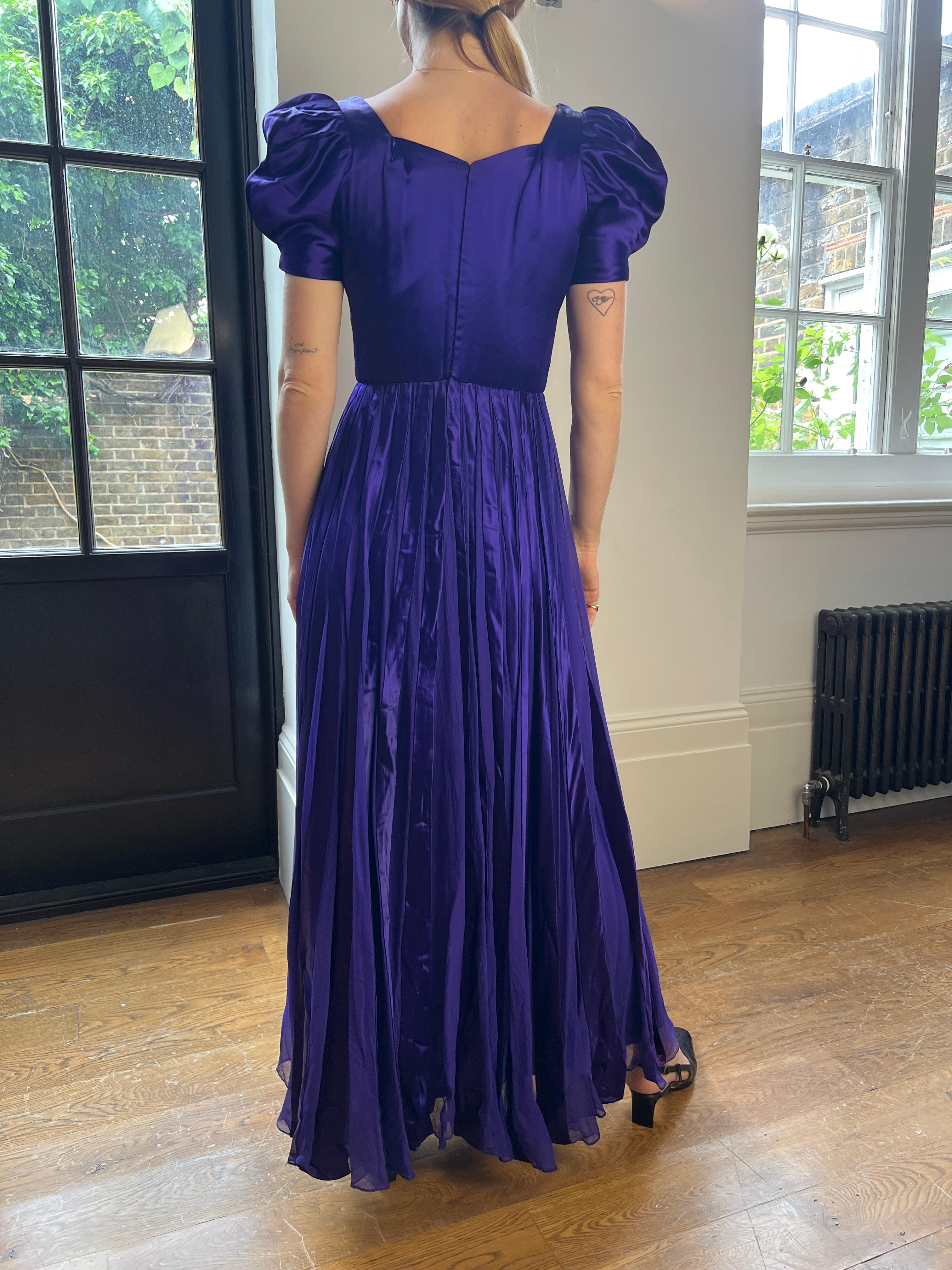 1940s Haute Couture Purple Satin Chiffon Dress For Sale 4