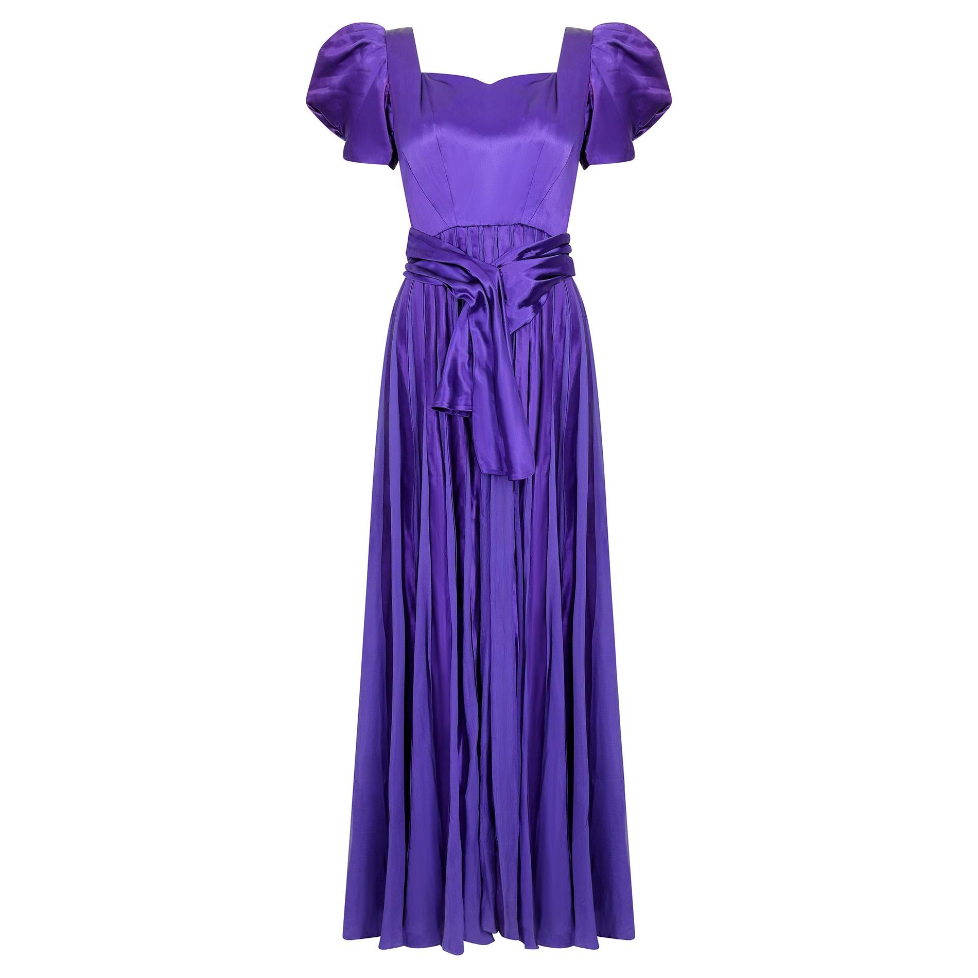 1940s Haute Couture Purple Satin Chiffon Dress For Sale
