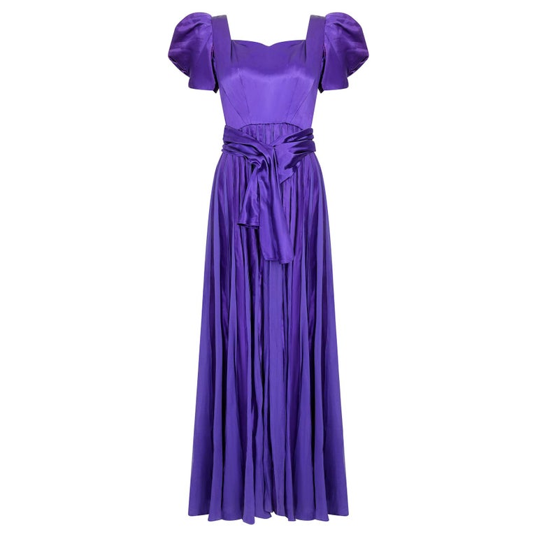 1940s Haute Couture Purple Satin Chiffon Dress