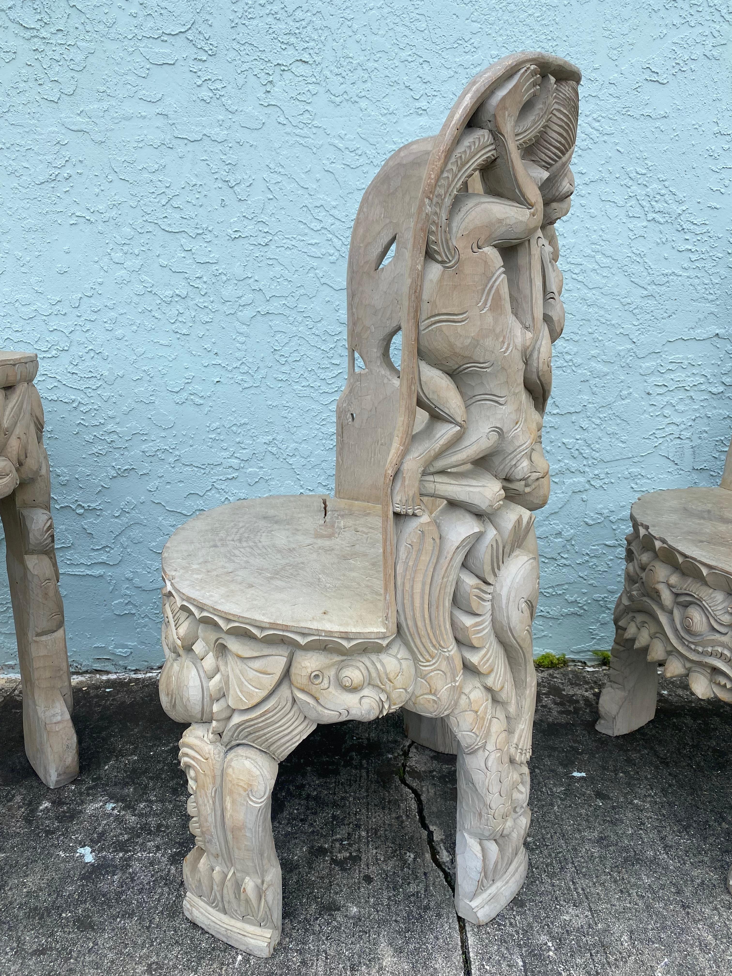 1940s Heavily Hand Carved Folk Art Figurative Chairs Table Set, Set of 5 For Sale 9