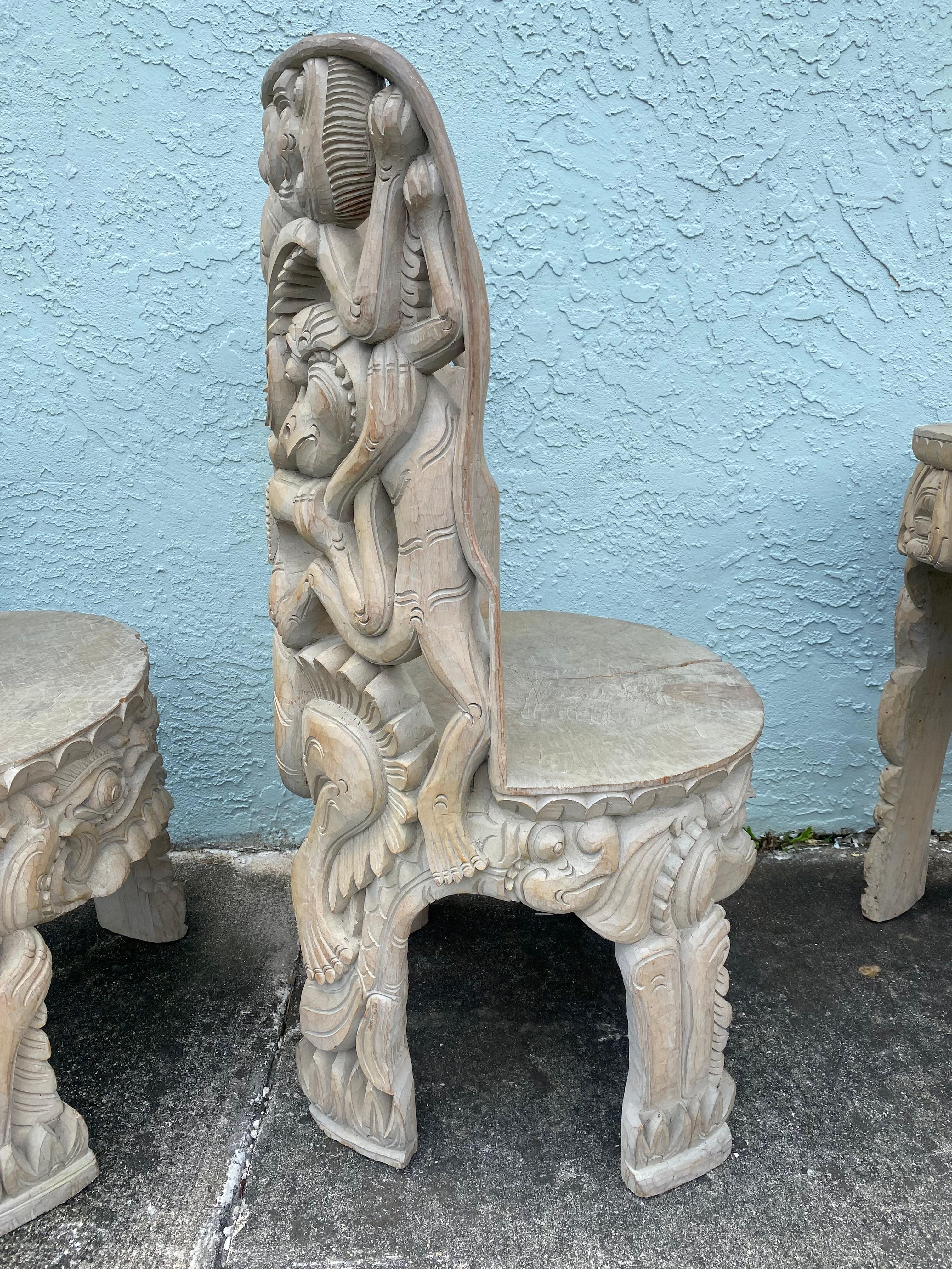 1940s Heavily Hand Carved Folk Art Figurative Chairs Table Set, Set of 5 For Sale 10