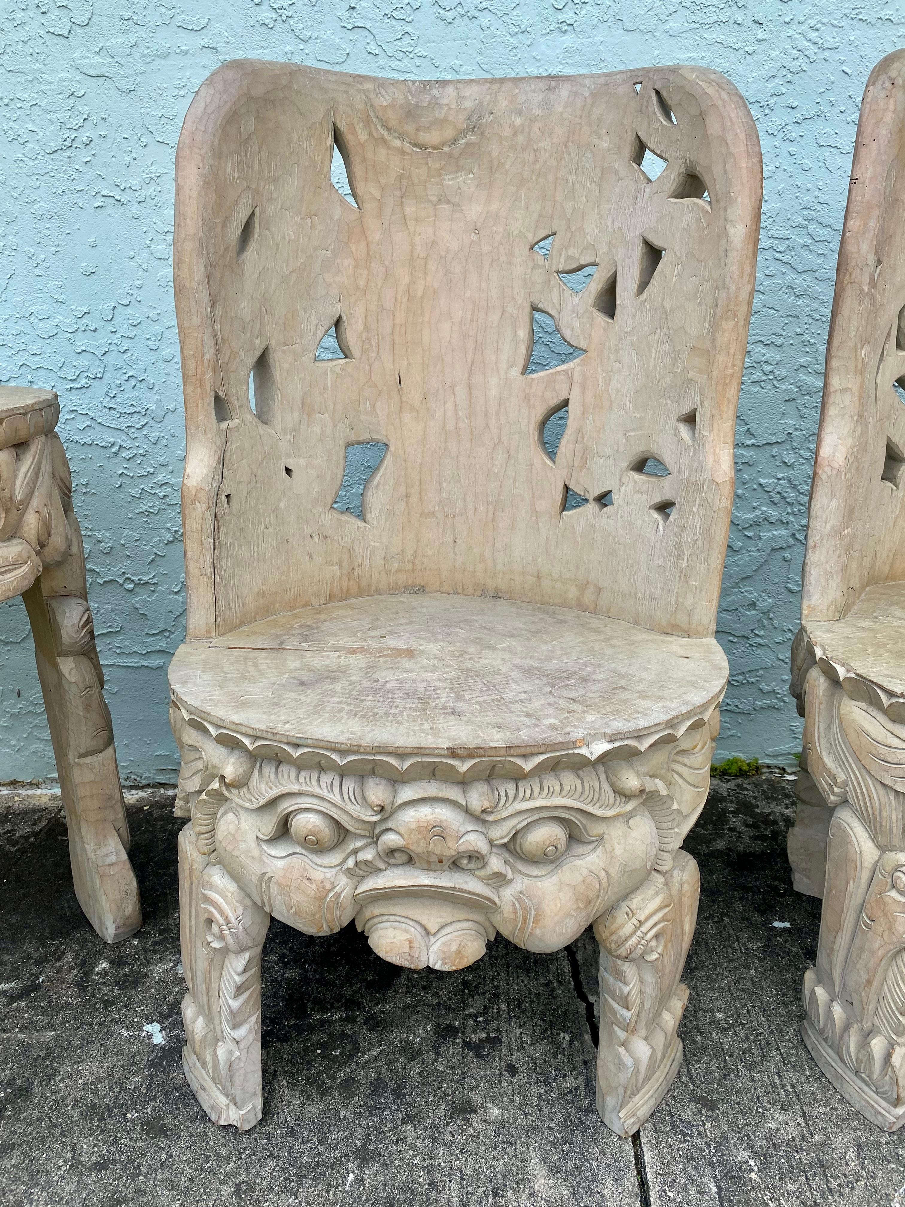 1940s Heavily Hand Carved Folk Art Figurative Chairs Table Set, Set of 5 For Sale 11