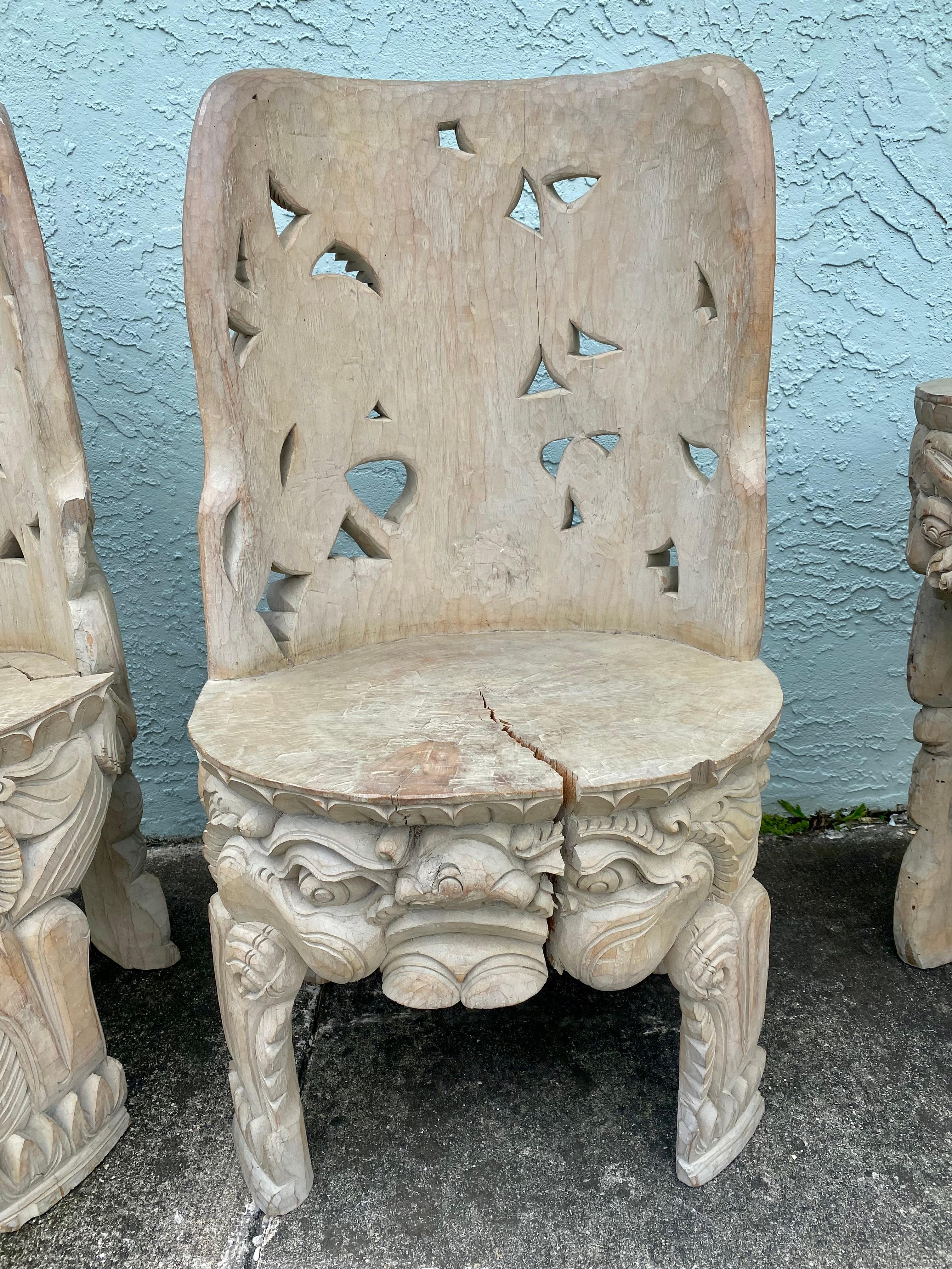 1940s Heavily Hand Carved Folk Art Figurative Chairs Table Set, Set of 5 For Sale 13