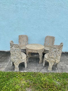1940s Heavily Hand Carved Folk Art Figurative Chairs Table Set, Set of 5