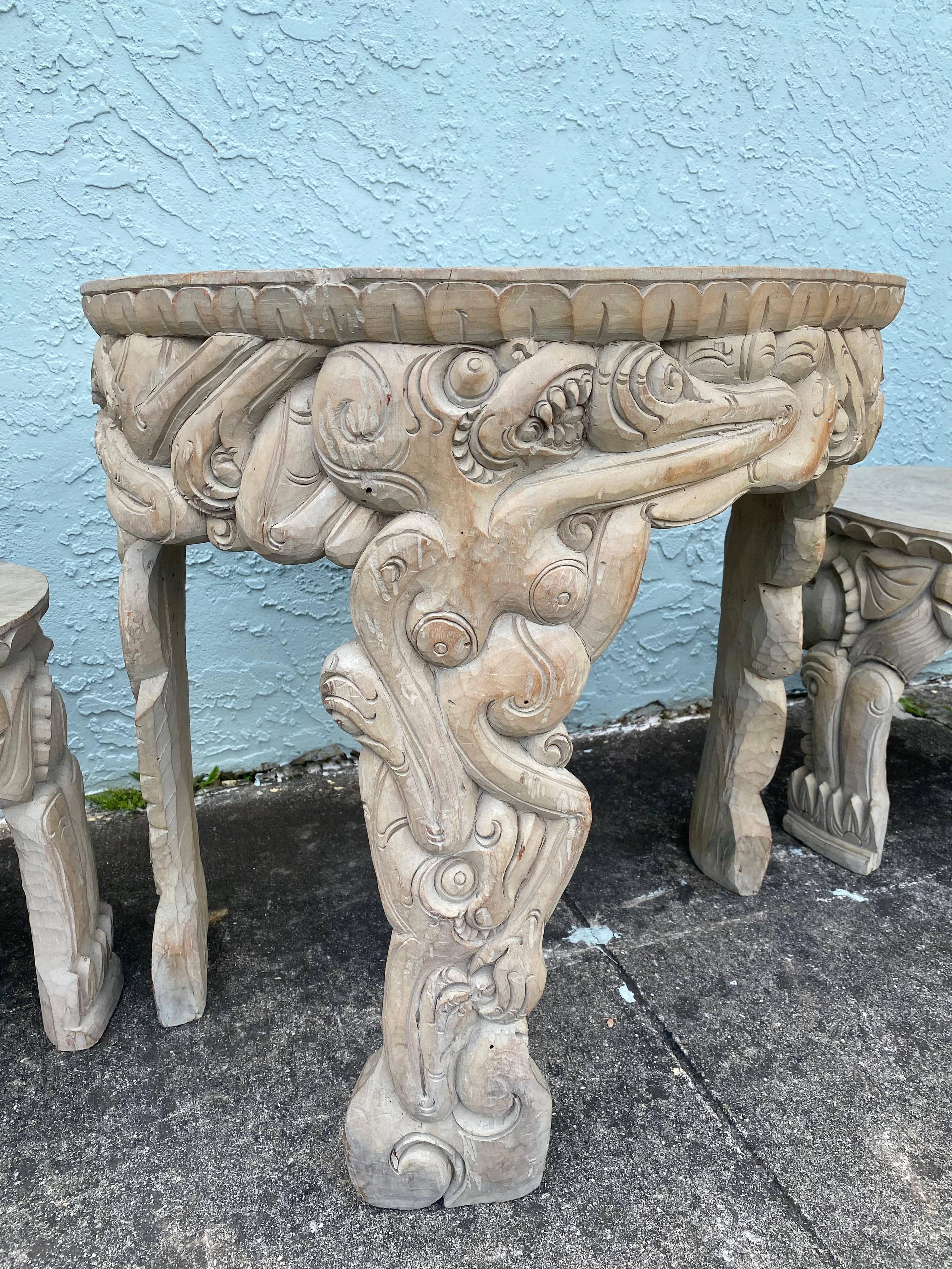 Mid-20th Century 1940s Heavily Hand Carved Folk Art Figurative Chairs Table Set, Set of 5 For Sale
