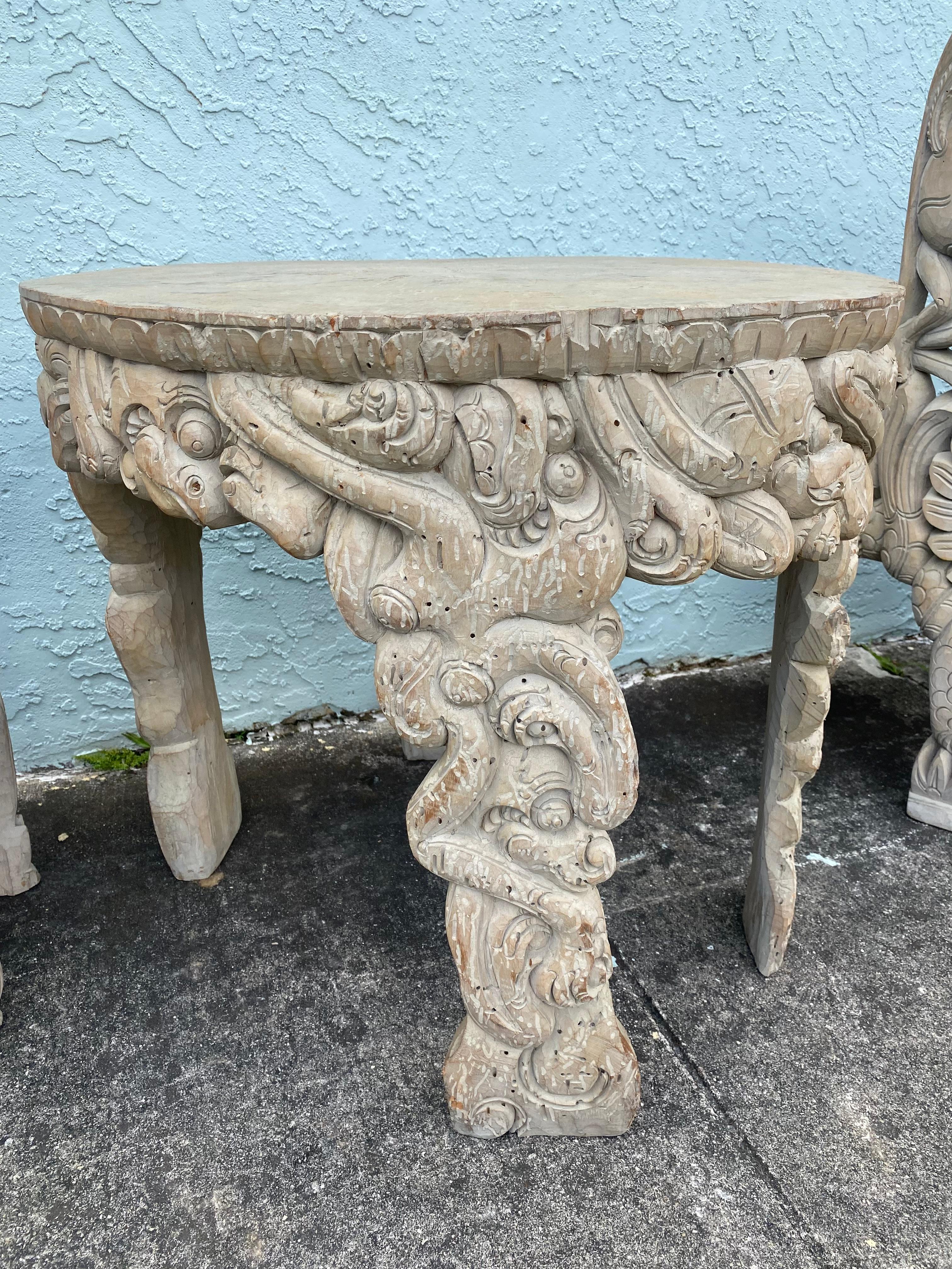 Wood 1940s Heavily Hand Carved Folk Art Figurative Chairs Table Set, Set of 5 For Sale