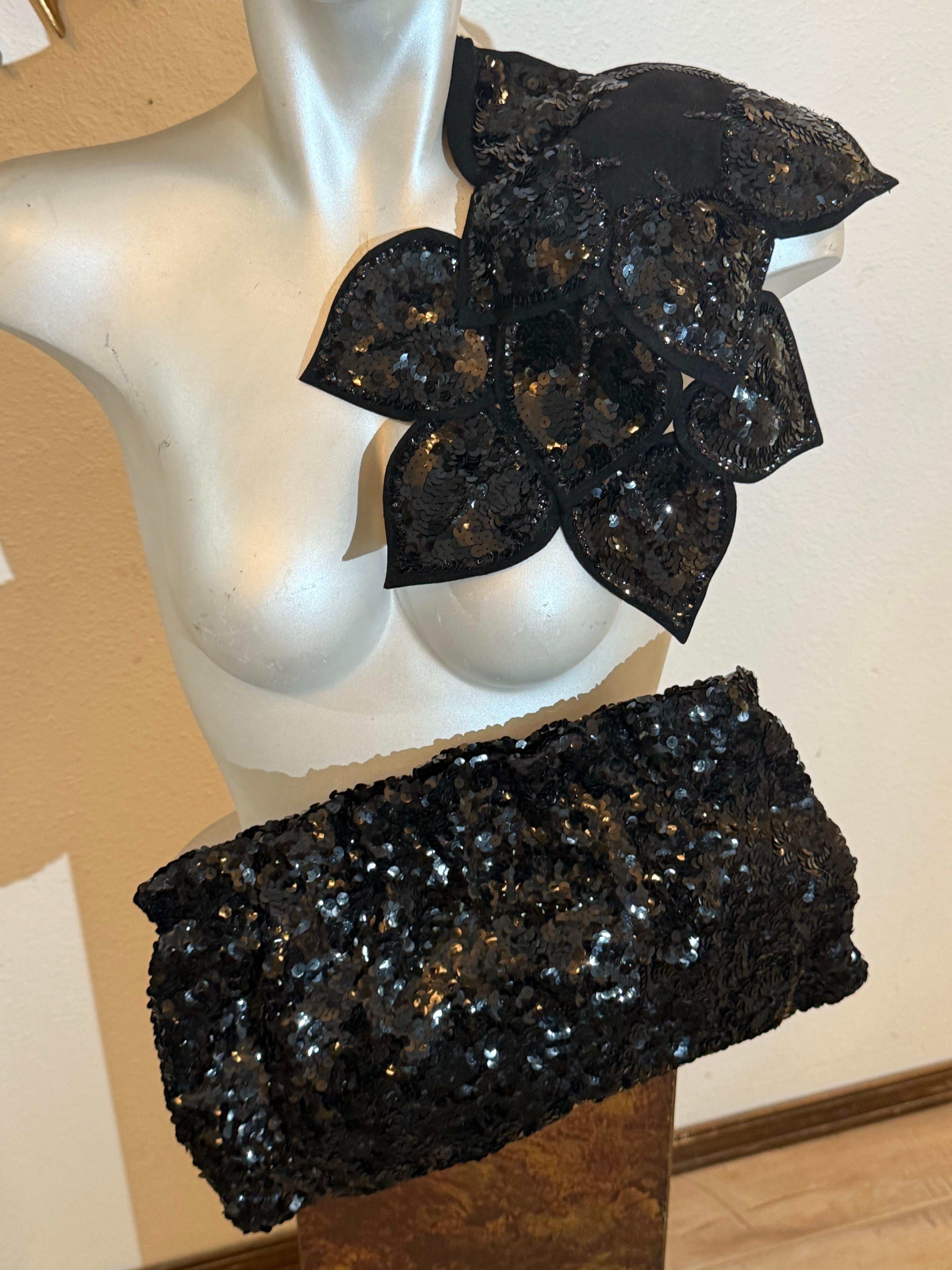 1940s Helen Leibert - Tappé Hat Black Felt Blossom Sequin Hat & Matching Clutch:  An extraordinary early 1940s Hollywood-worthy evening accessory set in glamorous black sequins in a bold flower shape. Back of hat is molded to fit at back of the