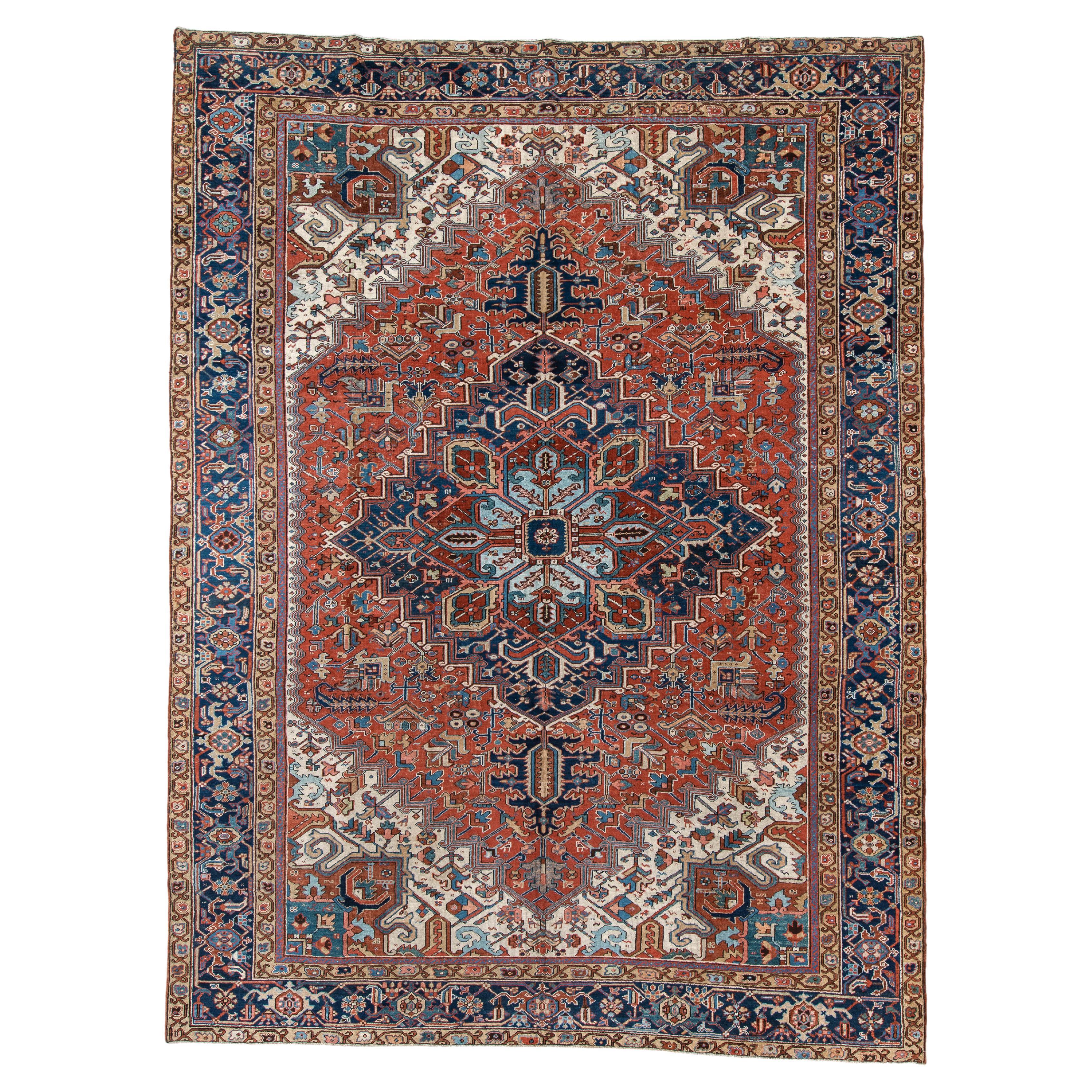 Vintage Heriz Rug, Wool, Bold Geometric Design, Mid-20th Century