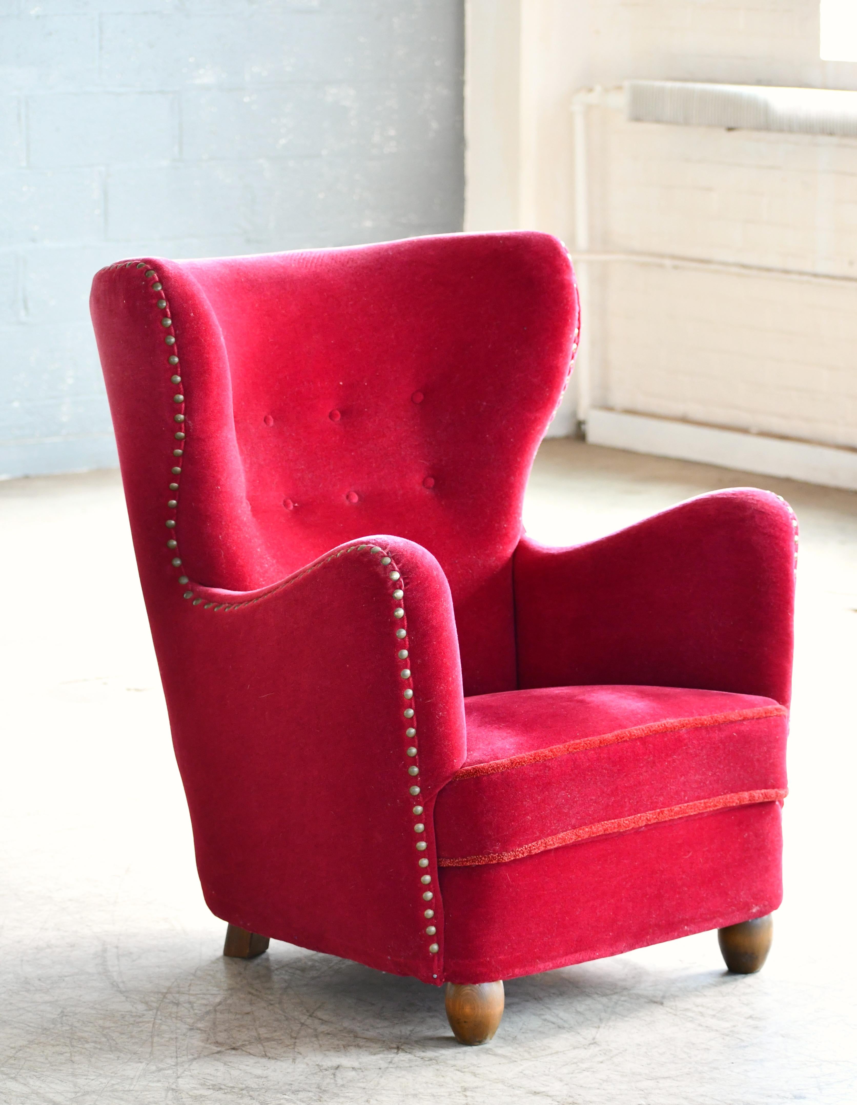 1940s High Back Mohair Covered Lounge Chair by Slagelse Danish Midcentury In Good Condition In Bridgeport, CT