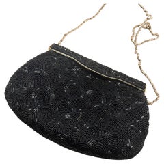 1940s High Quality Black Beads and Brass French Evening Bag