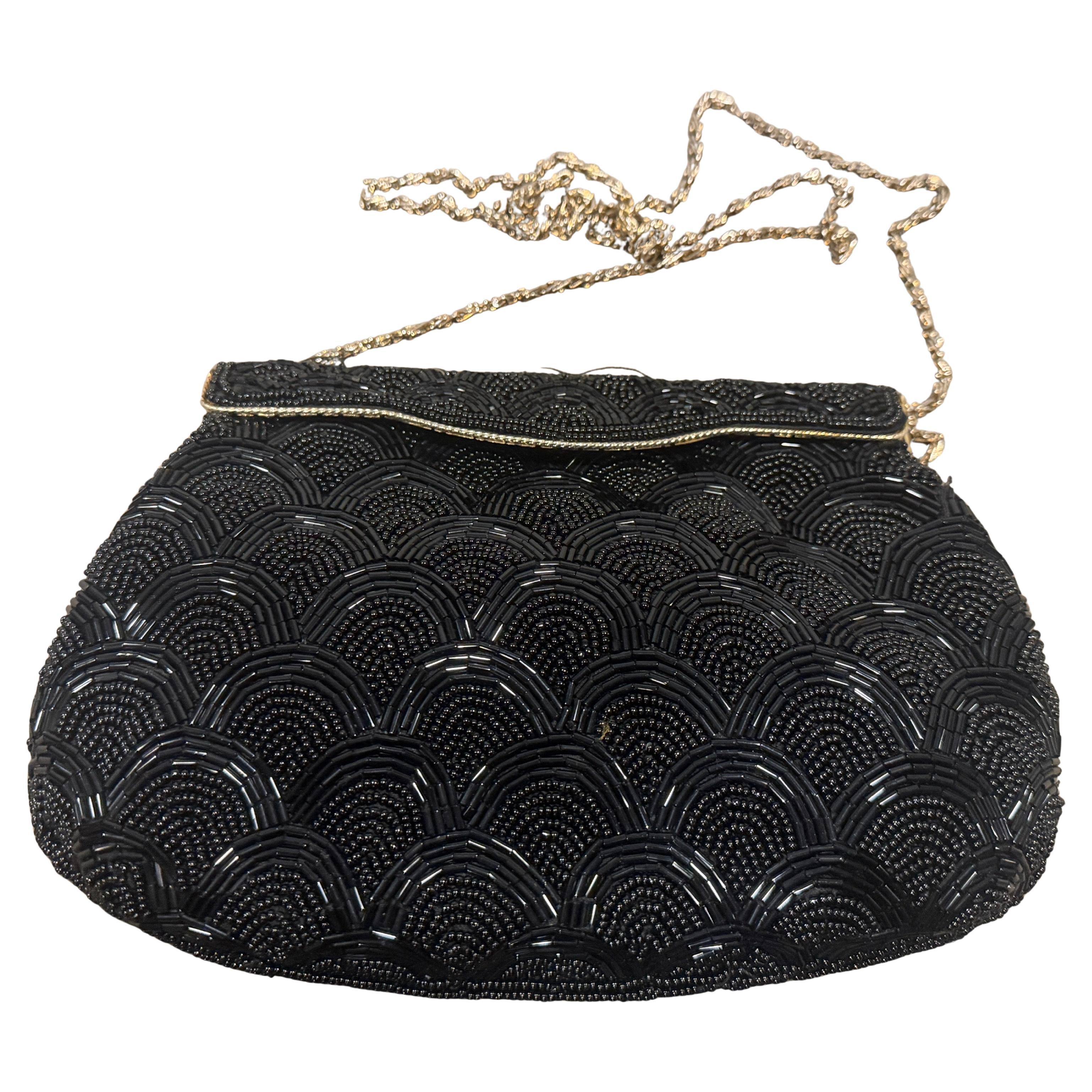 1940s High Quality Black Beads and Brass French Evening Bag