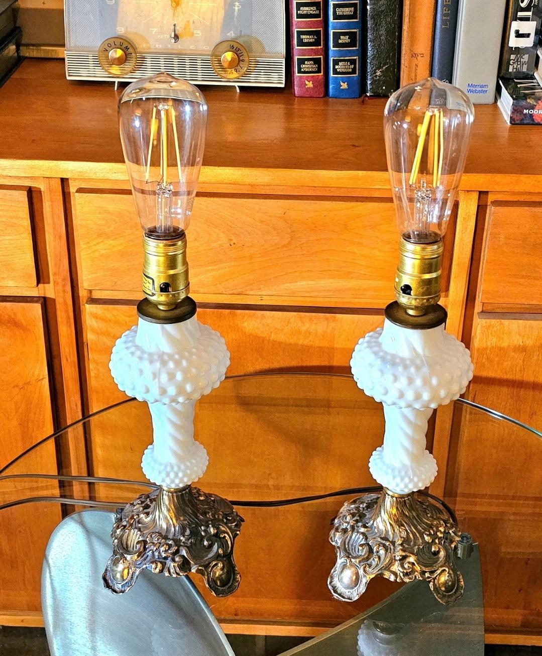 Vintage pair of hobnail milk glass and brass lamps.
Hollywood regency.
1940s
