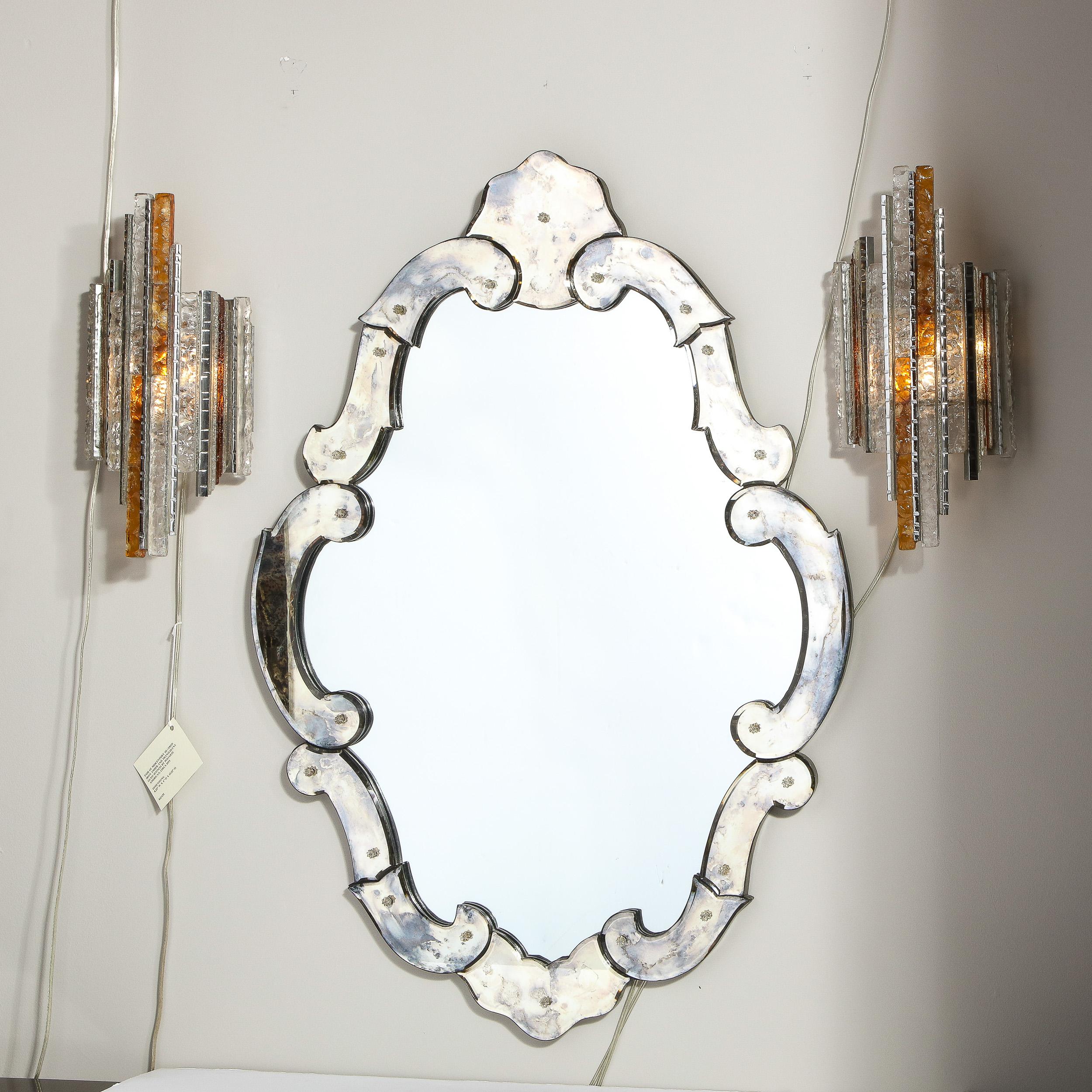 American 1940s Hollywood Cartouche Form Sculptural Smoked & Beveled Mirror