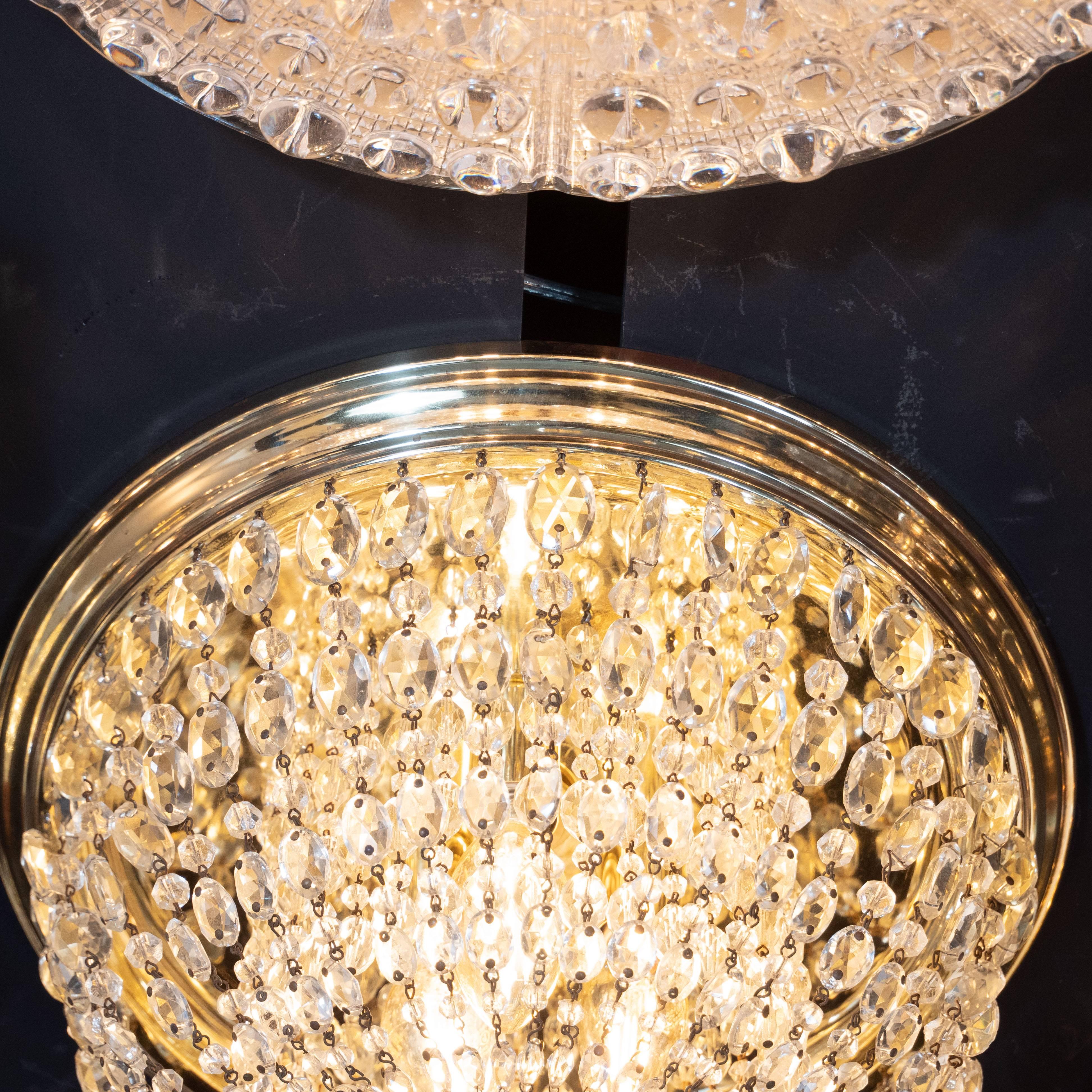 Hollywood Regency 1940s Hollywood Domed Two-Tier Cut Crystal Flush Mount with Circular Brass Base
