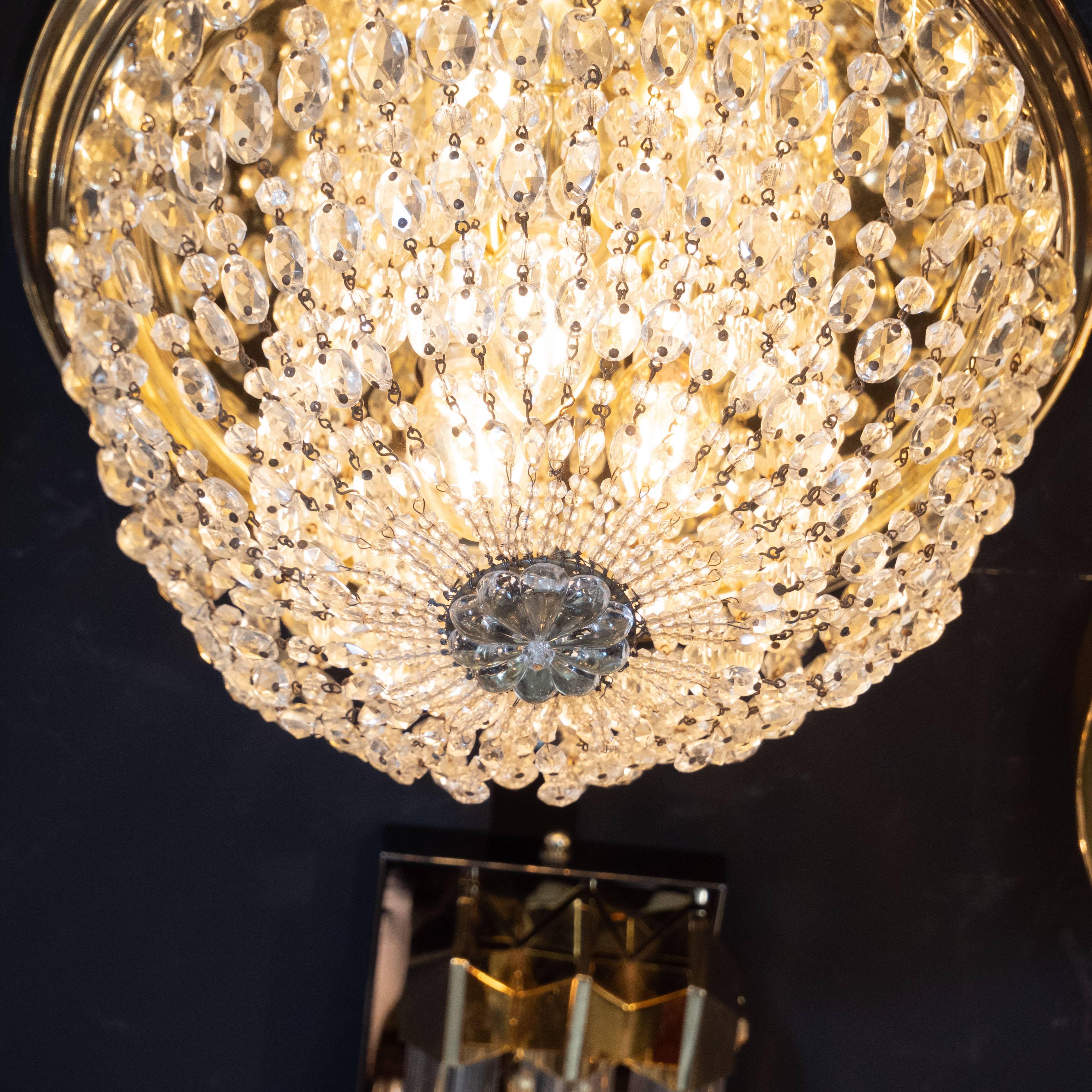 American 1940s Hollywood Domed Two-Tier Cut Crystal Flush Mount with Circular Brass Base