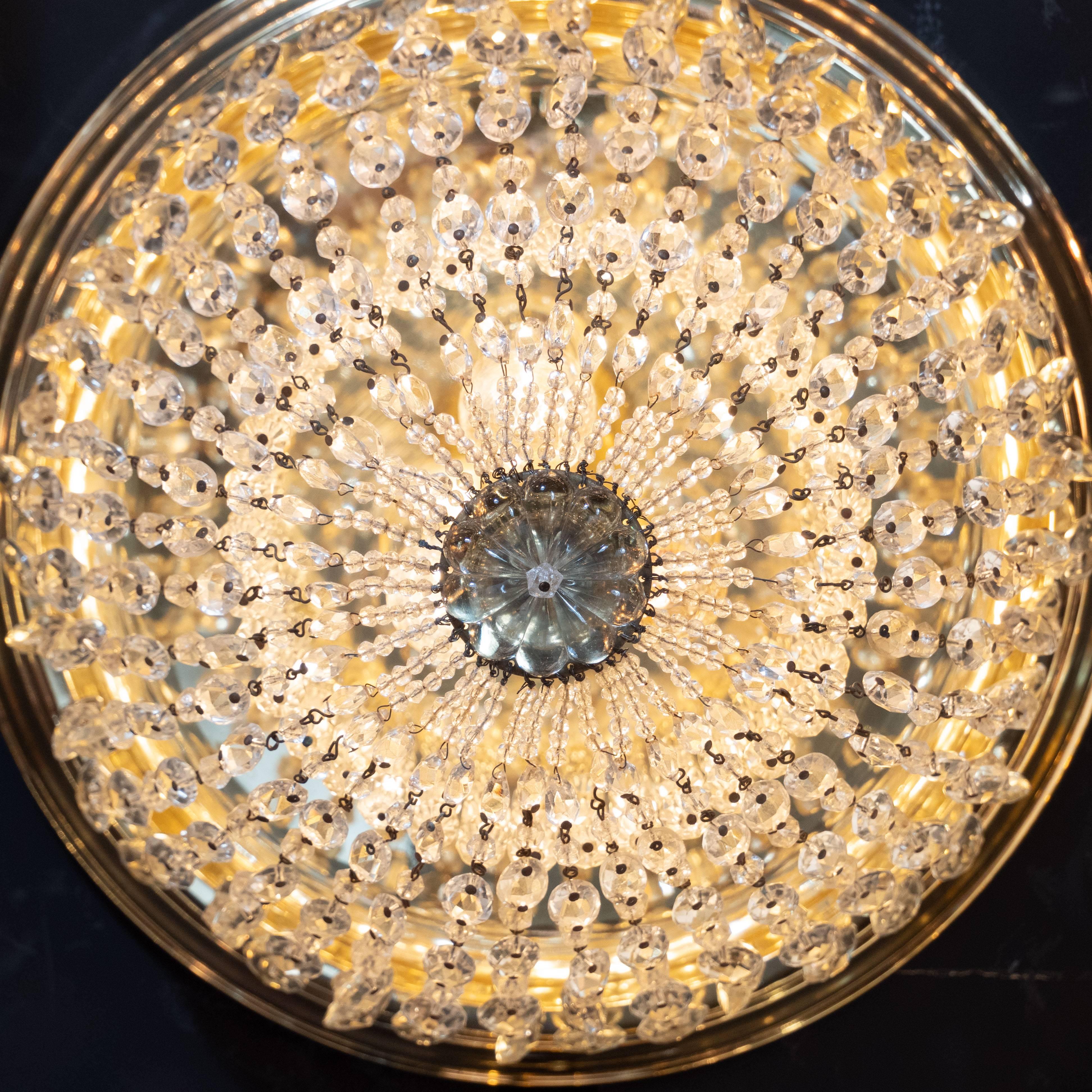Mid-20th Century 1940s Hollywood Domed Two-Tier Cut Crystal Flush Mount with Circular Brass Base