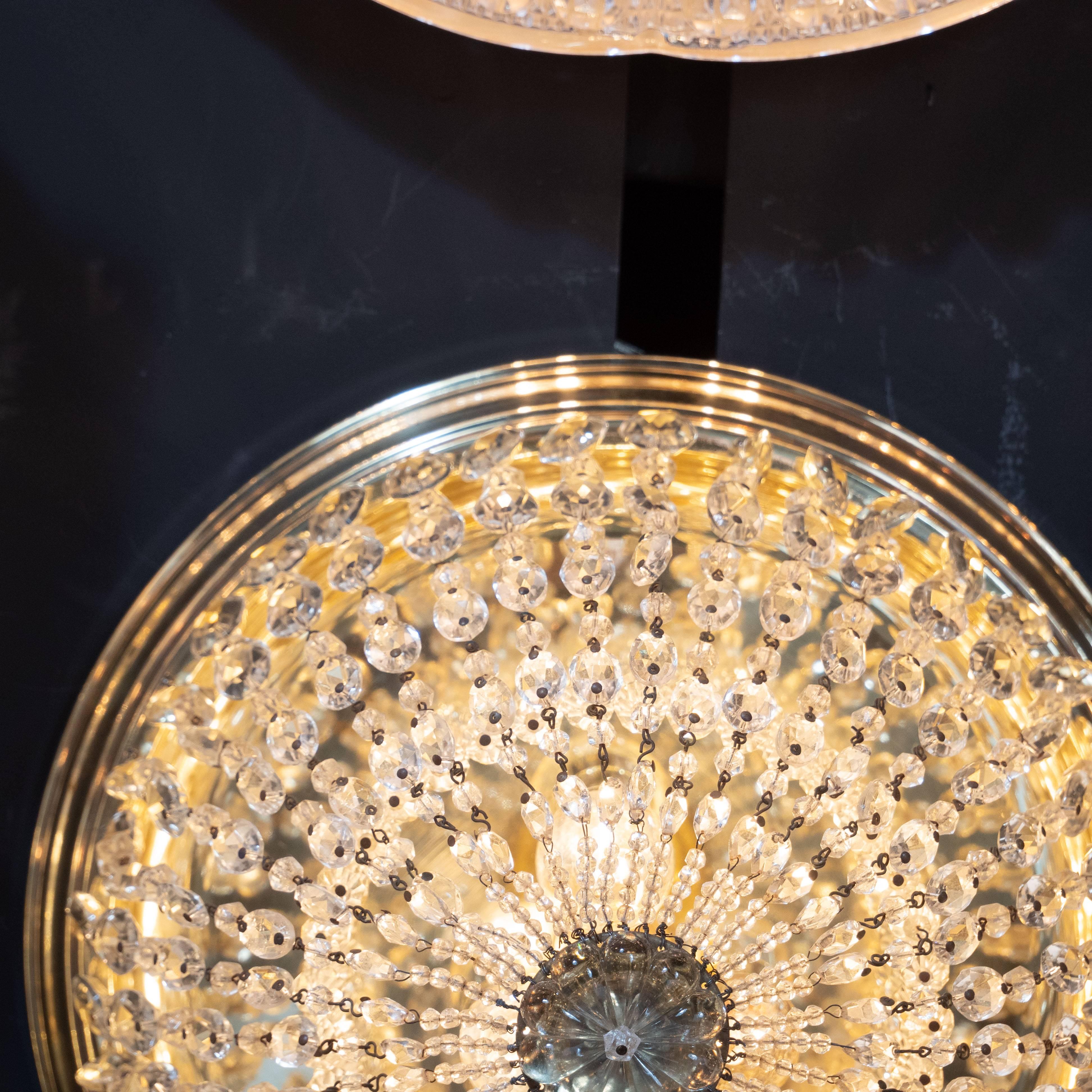 1940s Hollywood Domed Two-Tier Cut Crystal Flush Mount with Circular Brass Base 1