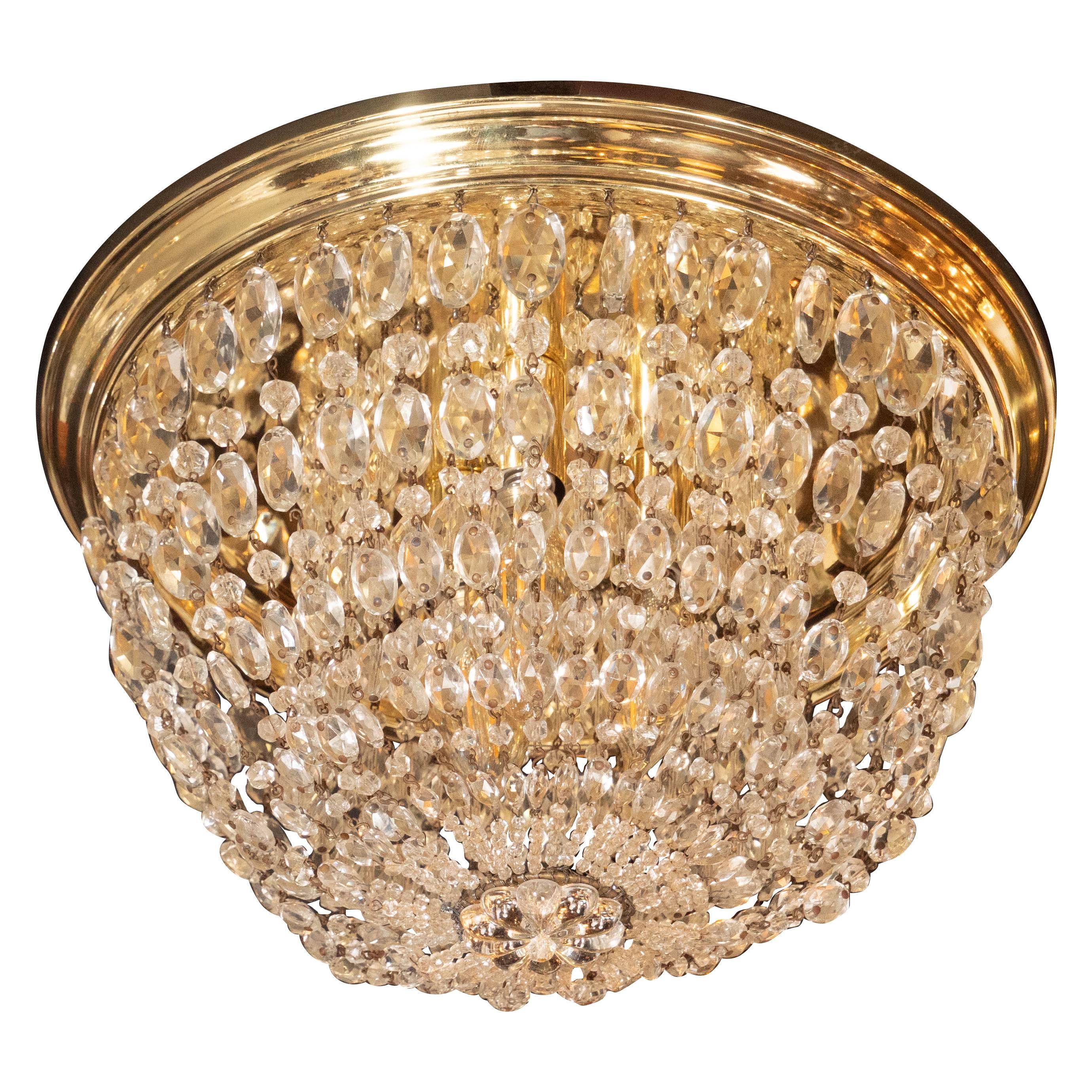 1940s Hollywood Domed Two-Tier Cut Crystal Flush Mount with Circular Brass Base