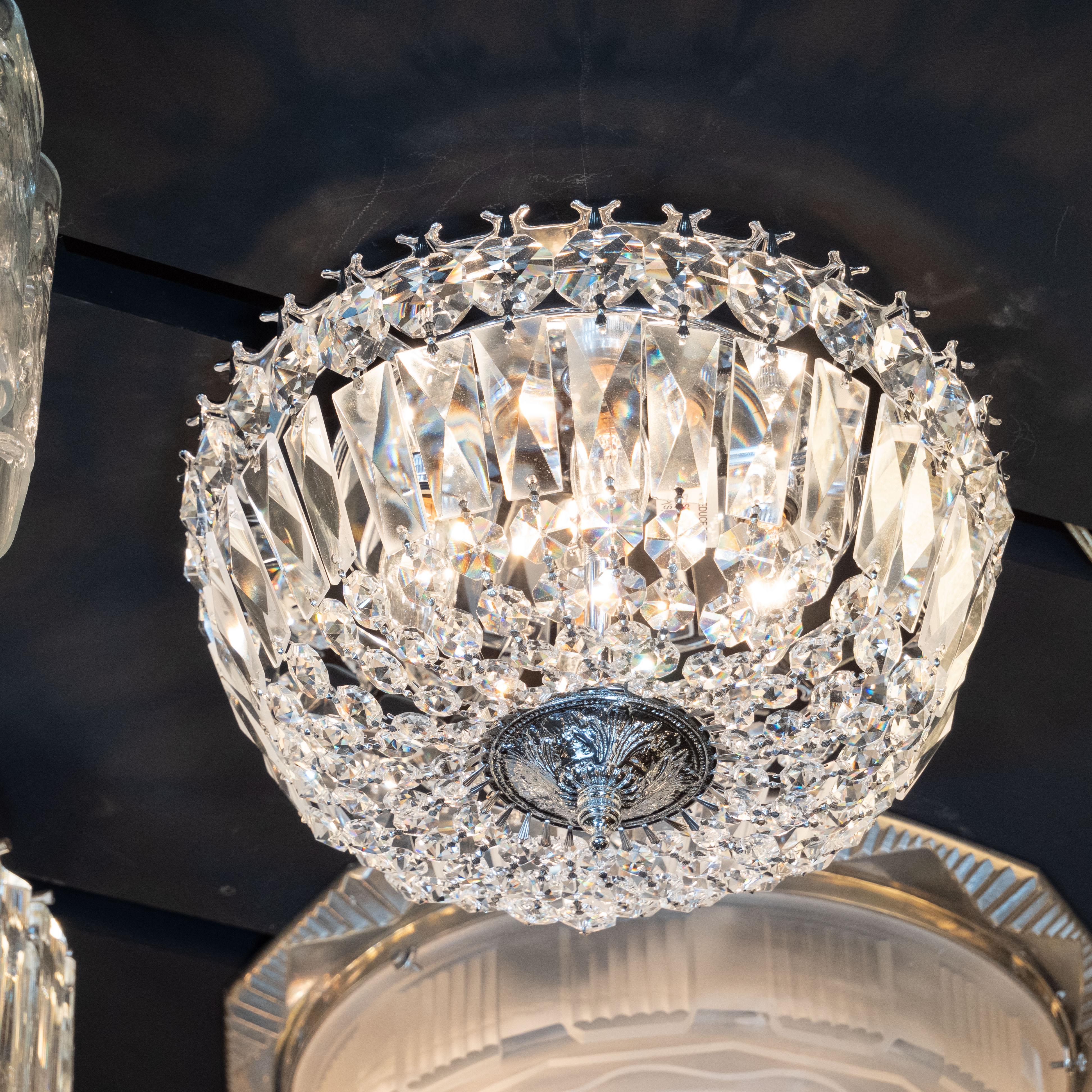 Hollywood Regency 1940s Hollywood Faceted Crystal Flush Mount Chandelier with Silvered Fittings
