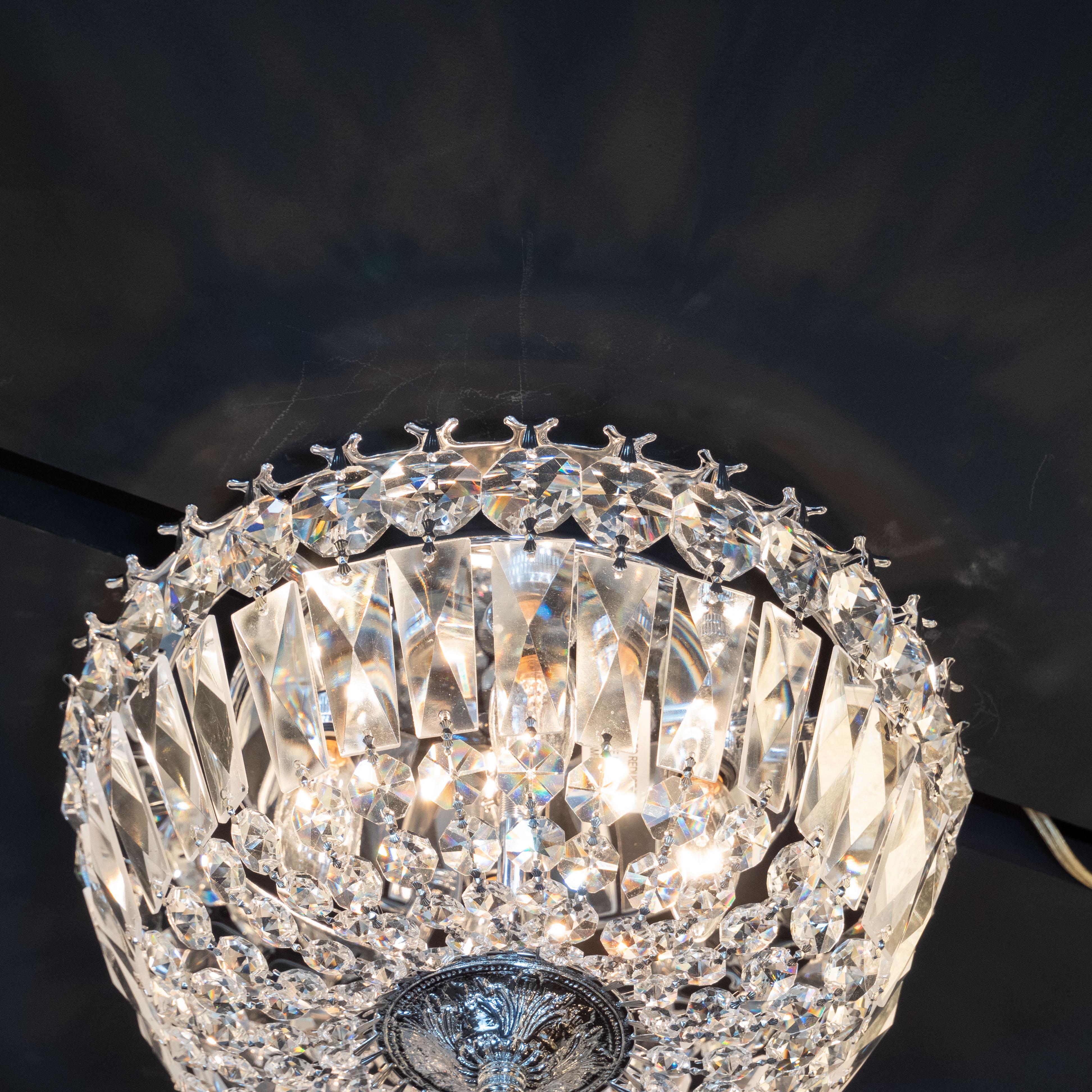 American 1940s Hollywood Faceted Crystal Flush Mount Chandelier with Silvered Fittings