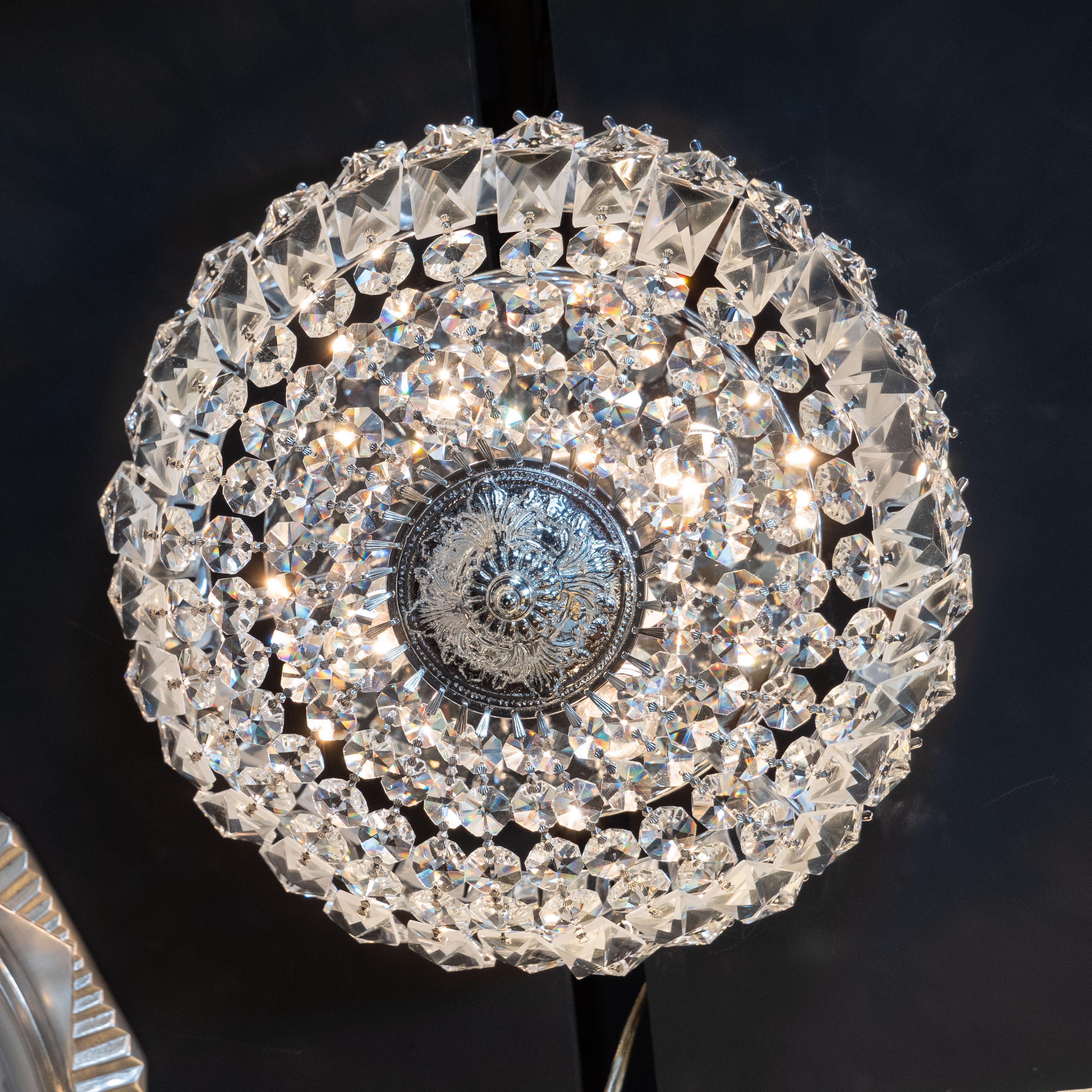 1940s Hollywood Faceted Crystal Flush Mount Chandelier with Silvered Fittings In Excellent Condition In New York, NY