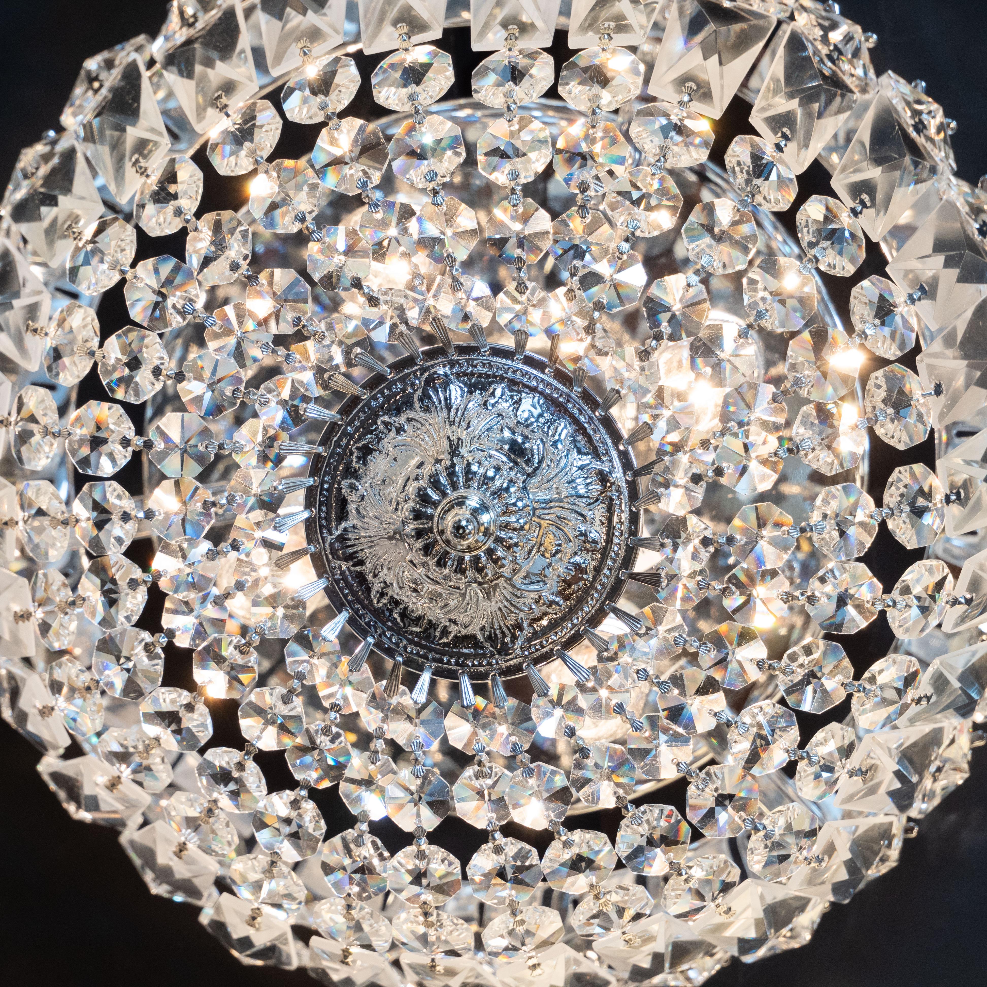 Mid-20th Century 1940s Hollywood Faceted Crystal Flush Mount Chandelier with Silvered Fittings