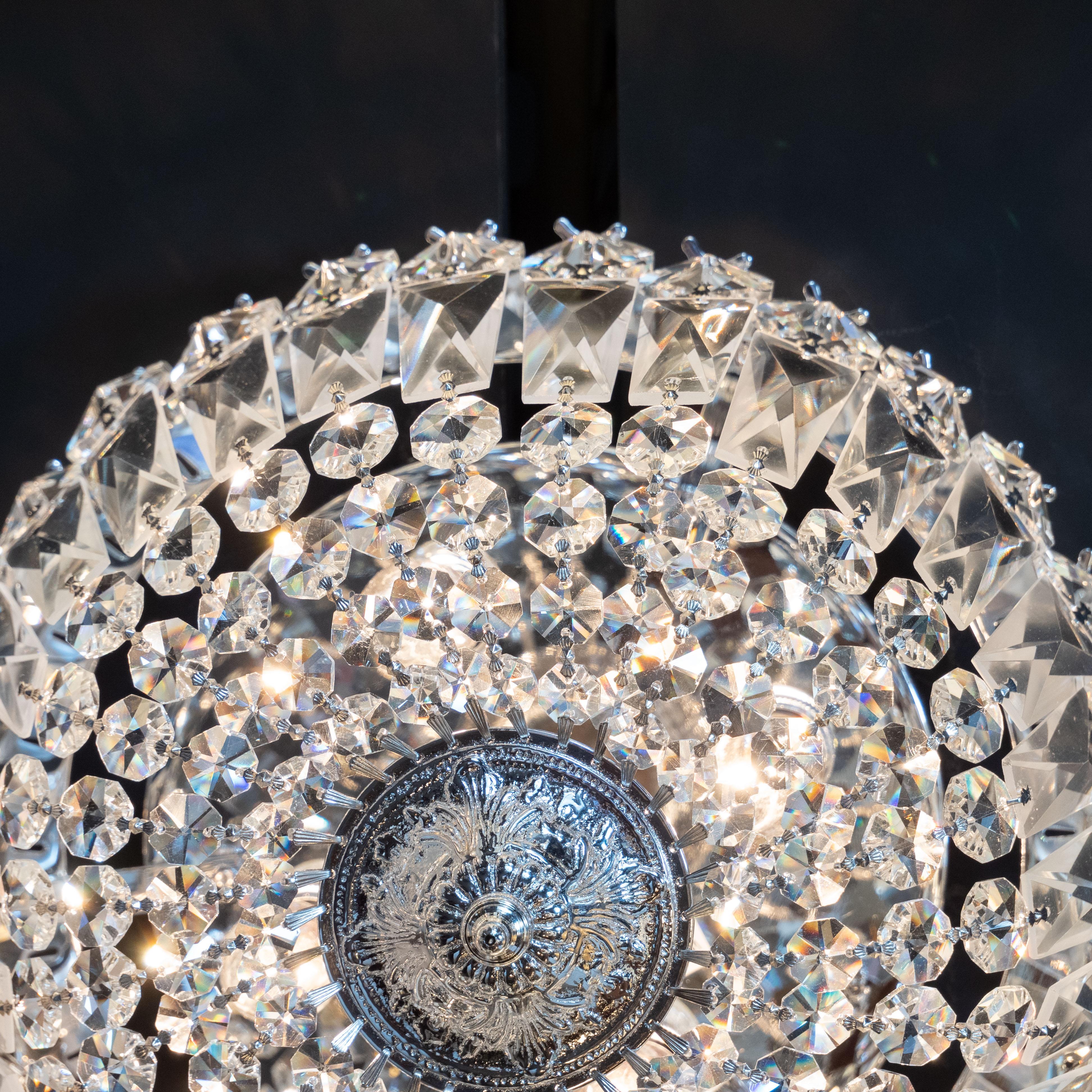 Bronze 1940s Hollywood Faceted Crystal Flush Mount Chandelier with Silvered Fittings