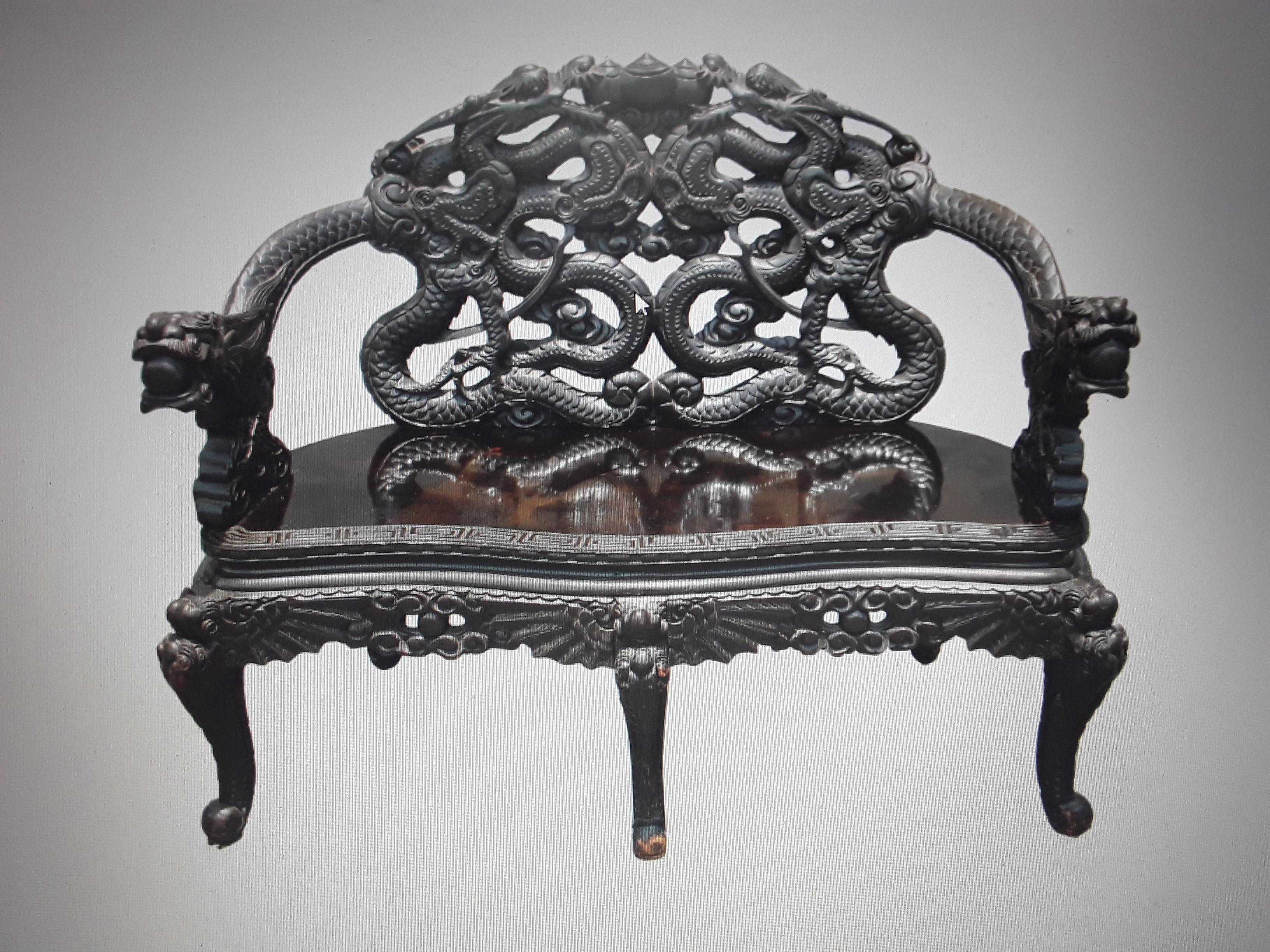 1940s Hollywood Regench Carved and Ebonized Wood Sitting Bench Chinoiserie/Asian For Sale 10