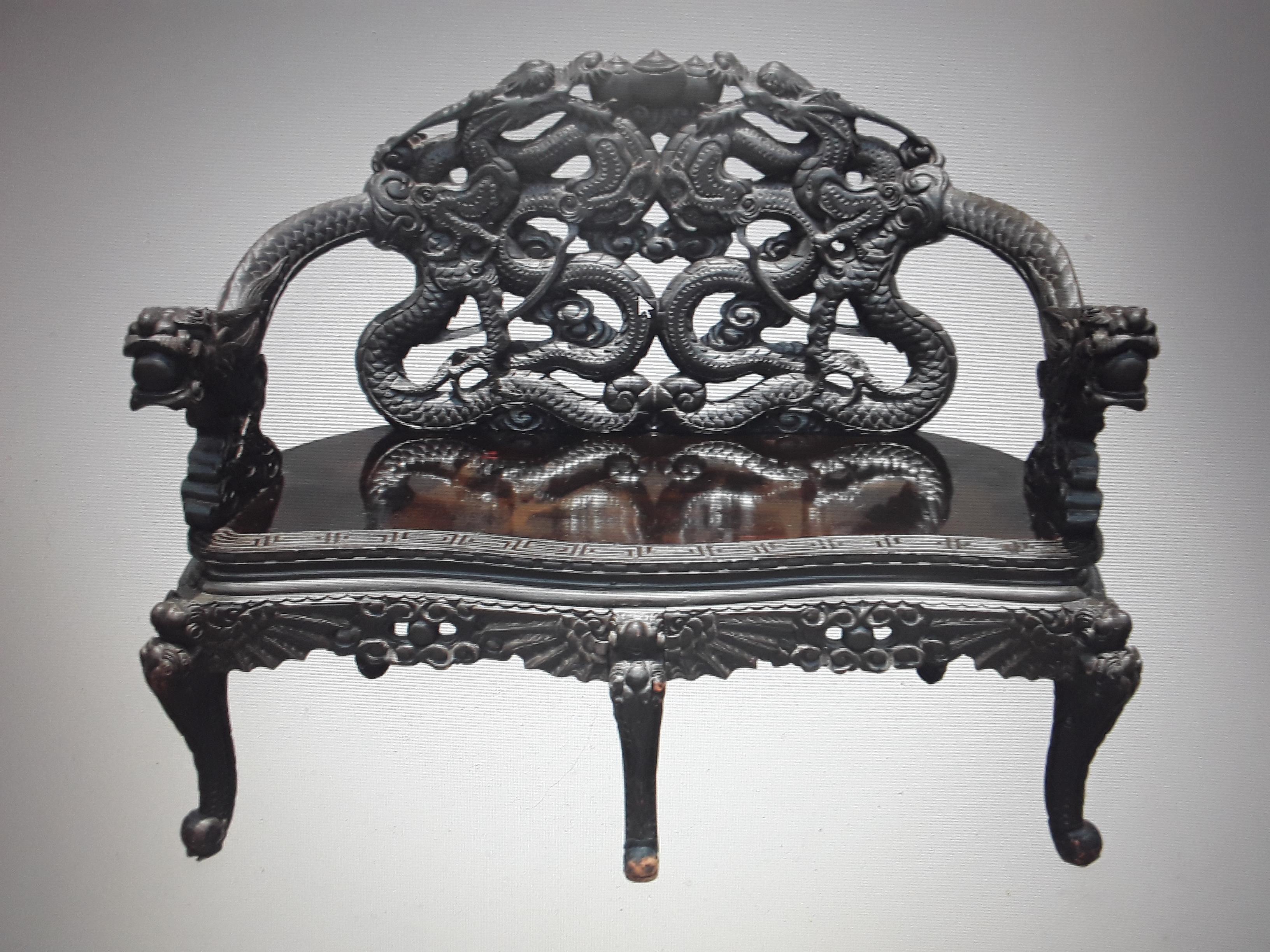 1940s Hollywood Regench Carved and Ebonized Wood Sitting Bench Chinoiserie/Asian For Sale 11