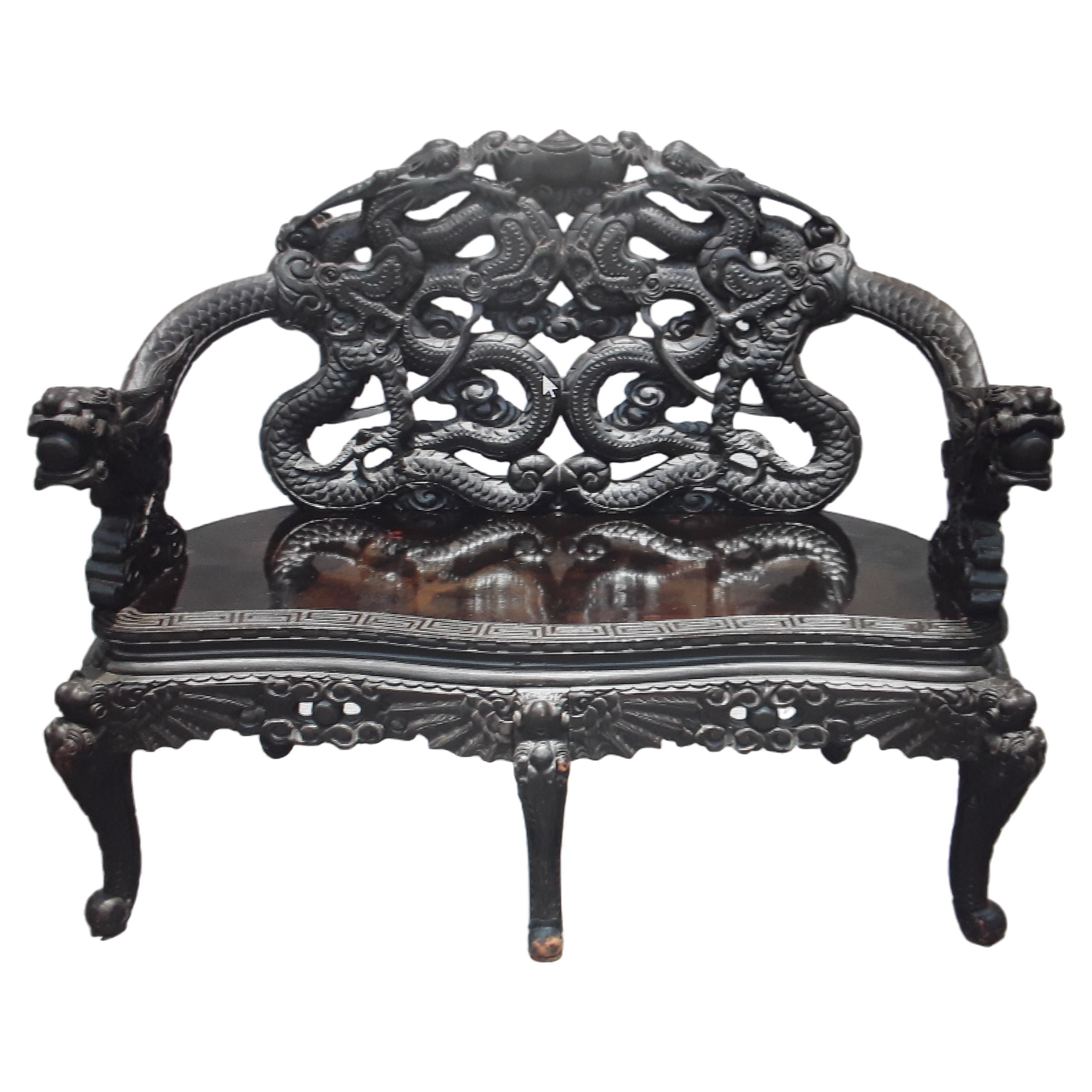 1940s Hollywood Regench Carved and Ebonized Wood Sitting Bench Chinoiserie/Asian For Sale