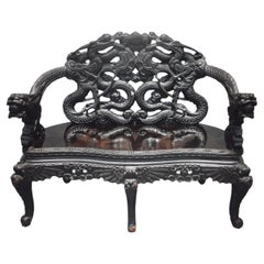 1940s Hollywood Regench Carved and Ebonized Wood Sitting Bench Chinoiserie/Asian