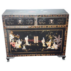 Vintage 1940's Hollywood Regency Asian Chinoiserie Black Lacquered and Painted Buffet
