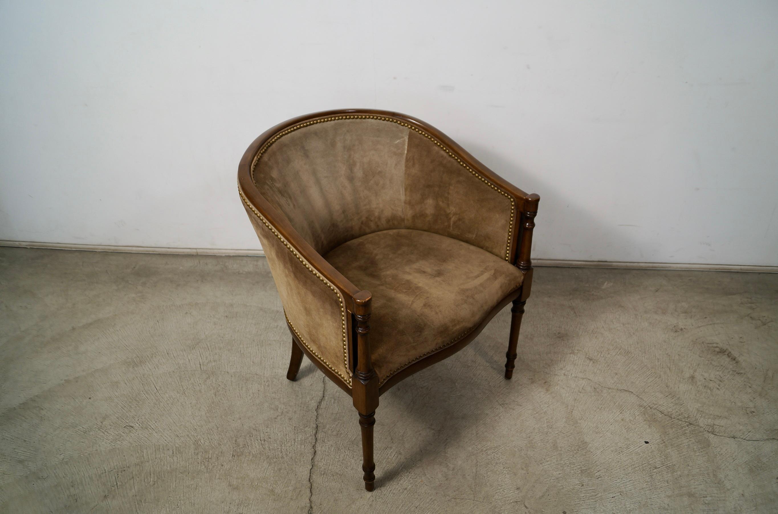 1940's Hollywood Regency Barrel Back Leather Suede Armchair For Sale 6