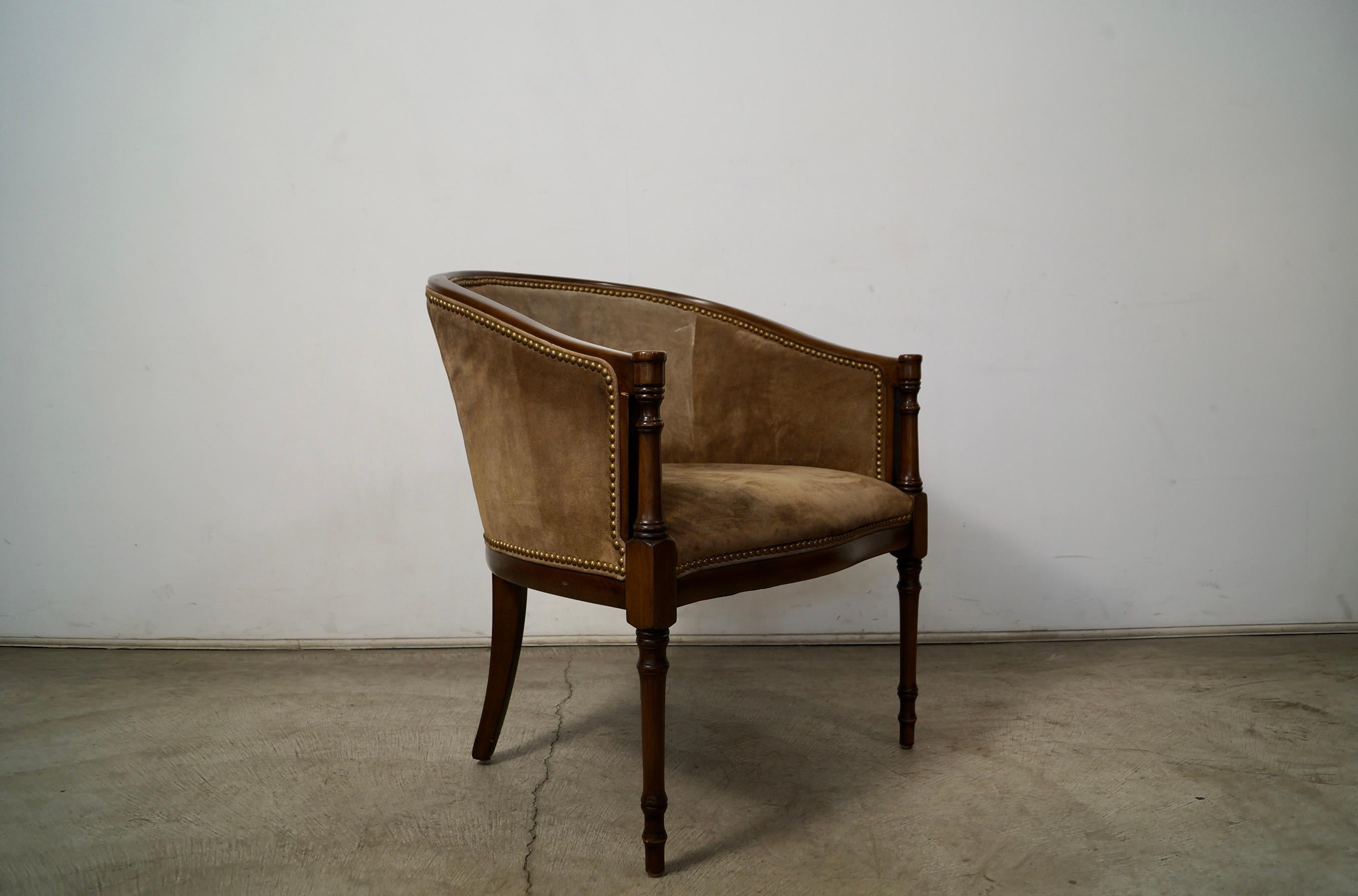 1940's Hollywood Regency Barrel Back Leather Suede Armchair For Sale 7