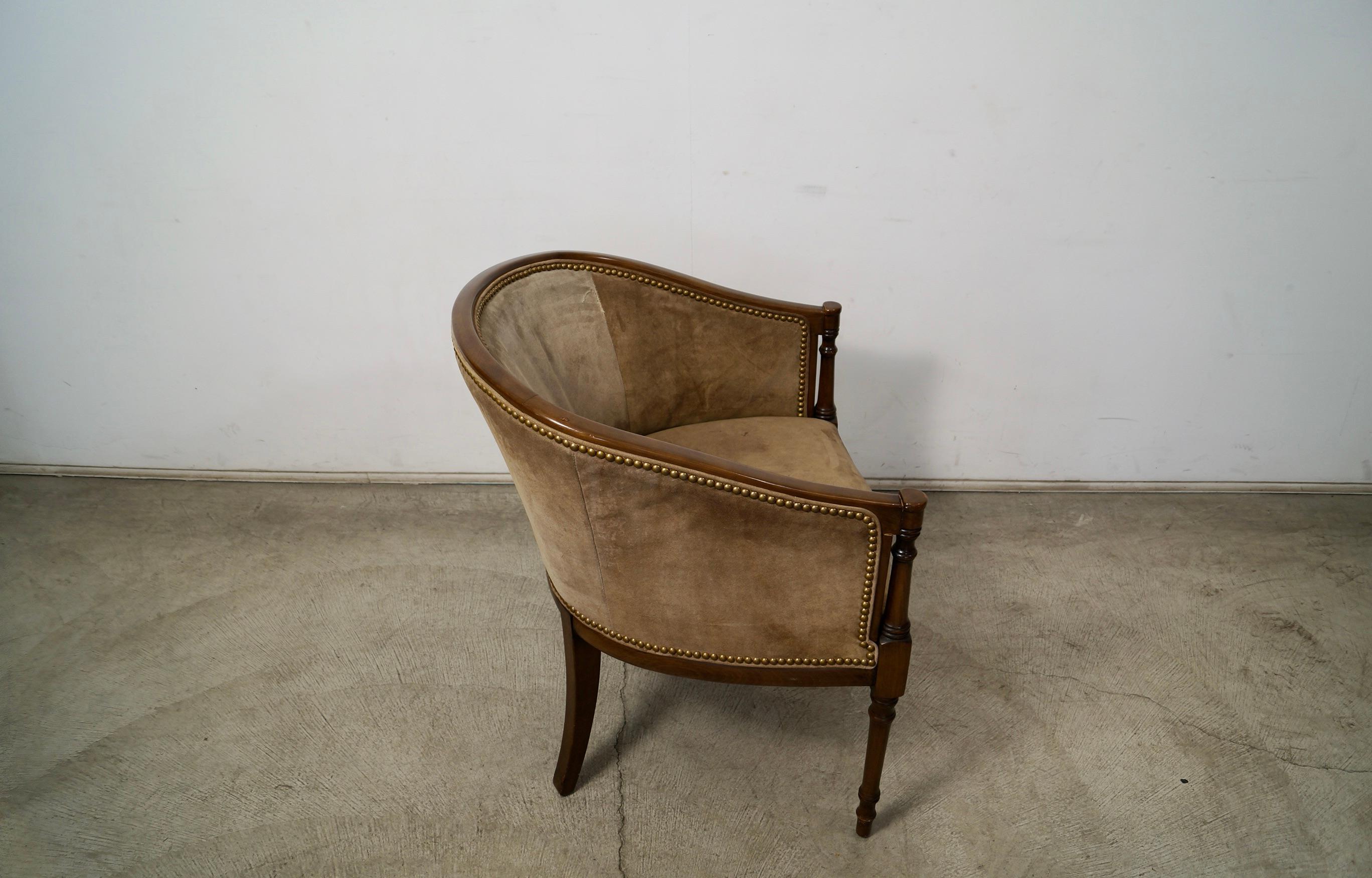 1940's Hollywood Regency Barrel Back Leather Suede Armchair For Sale 8